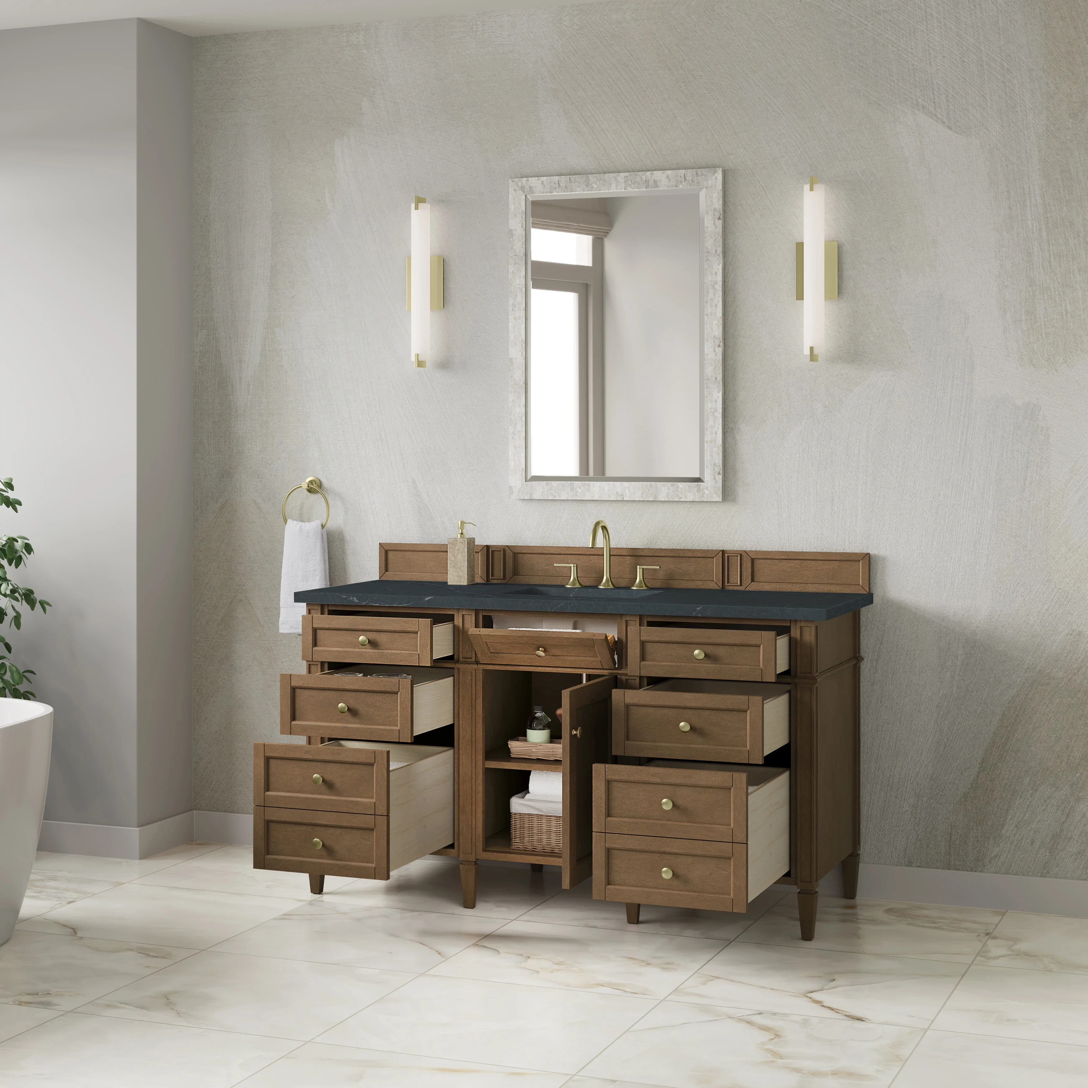 Brittany 60" Single Vanity, Pecan w/ 3 CM Charcoal Soapstone Silestone Top