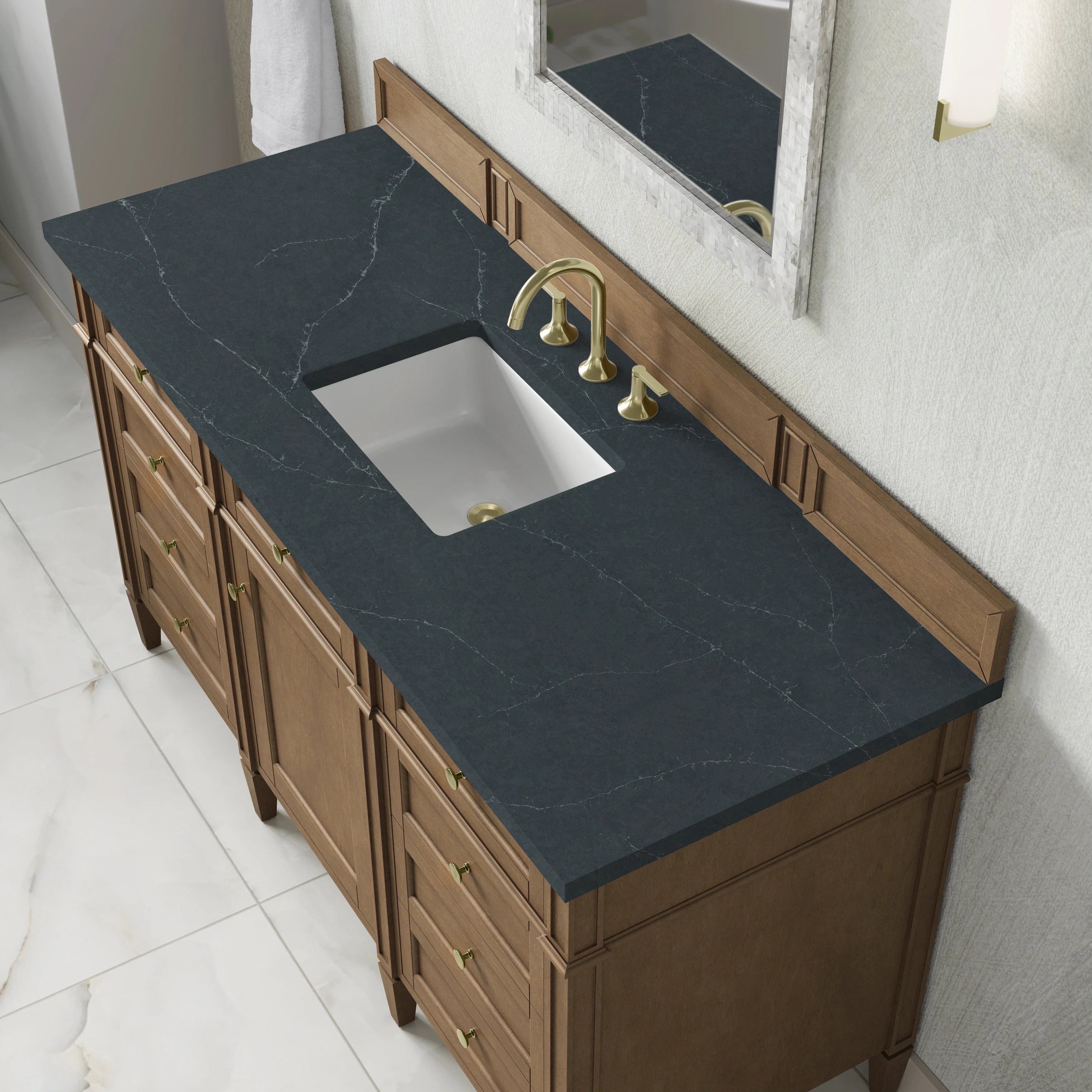 Brittany 60" Single Vanity, Pecan w/ 3 CM Charcoal Soapstone Silestone Top