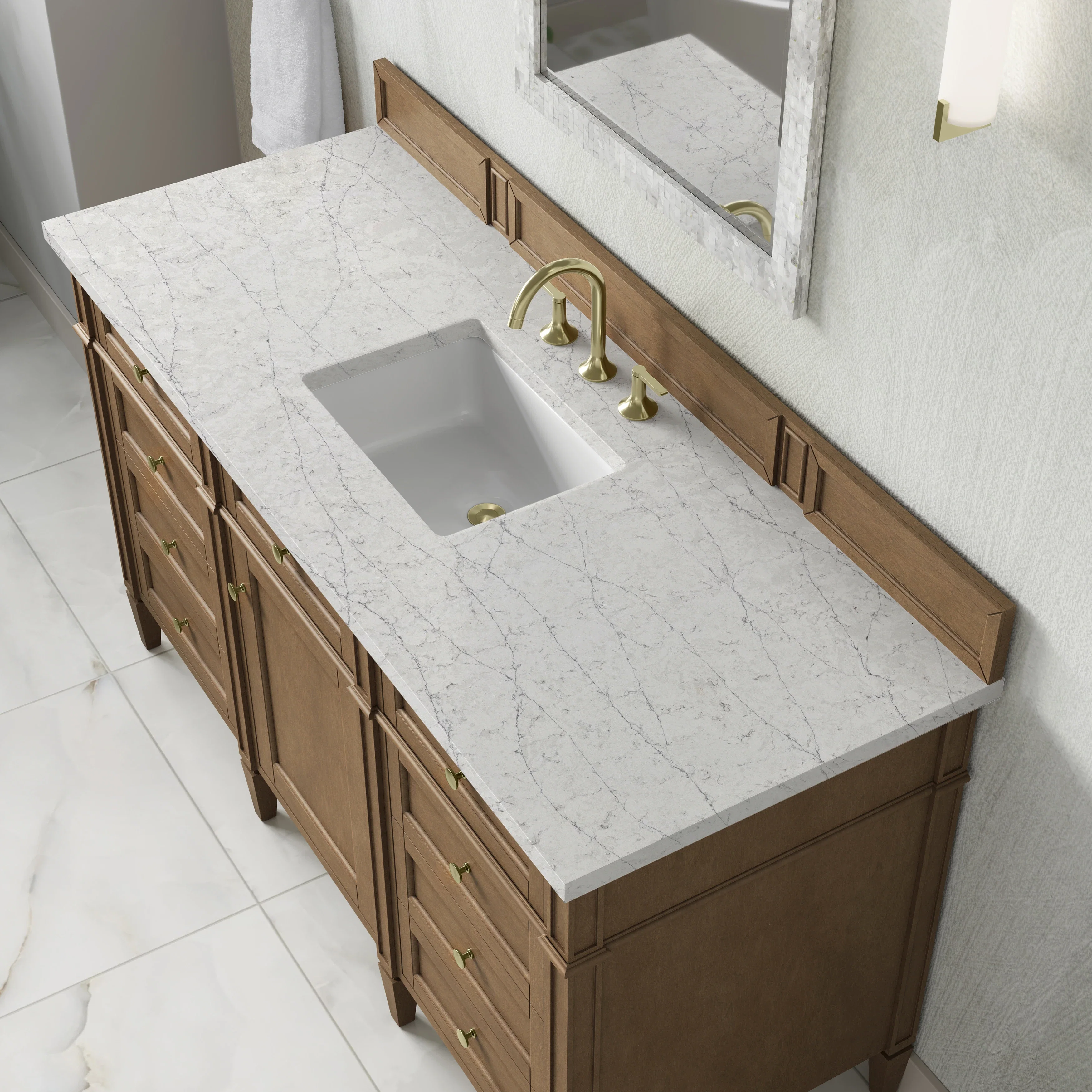 Brittany 60" Single Vanity, Pecan w/ 3 CM Eternal Jasmine Pearl Silestone Top