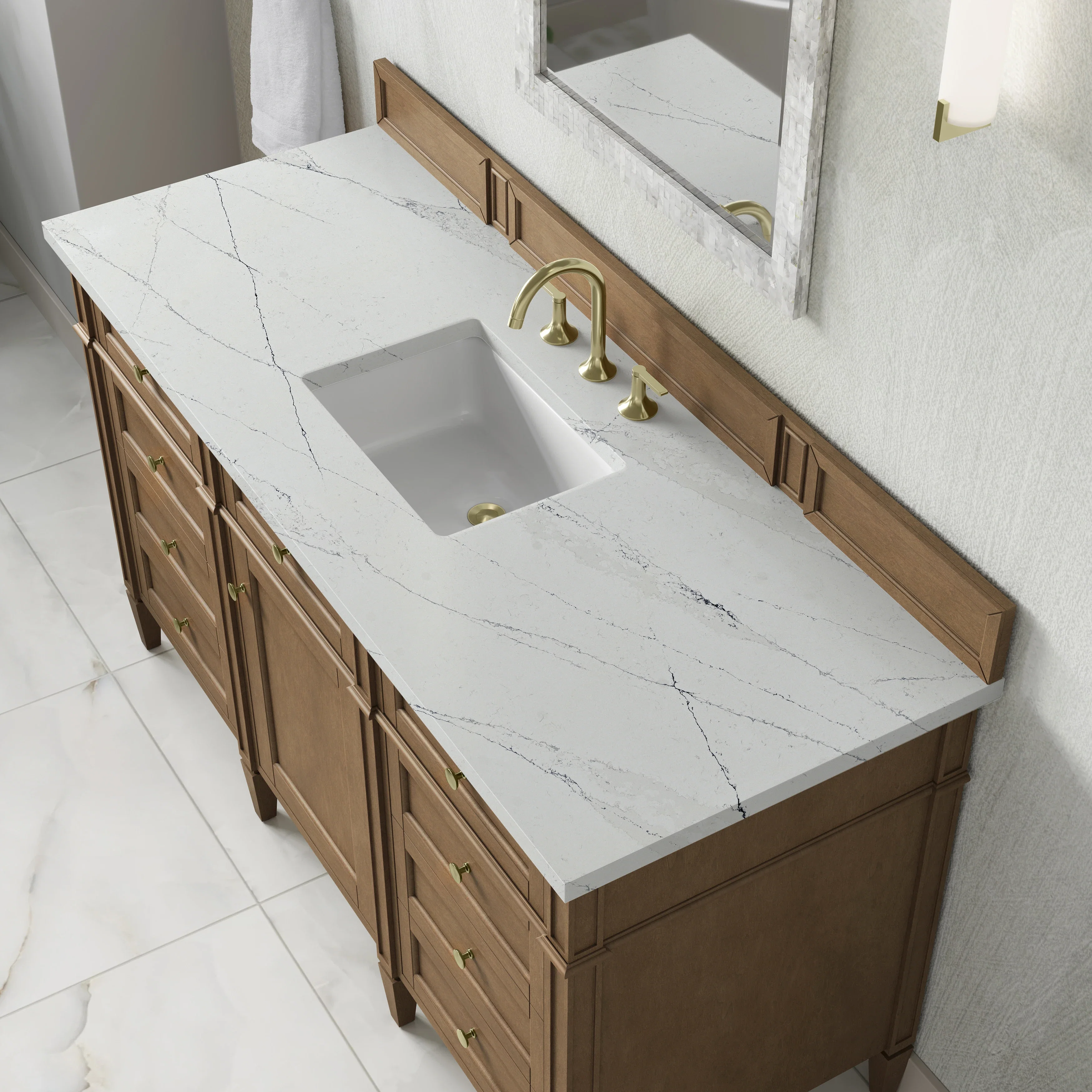 Brittany 60" Single Vanity, Pecan w/ 3 CM Ethereal Noctis Silestone Top