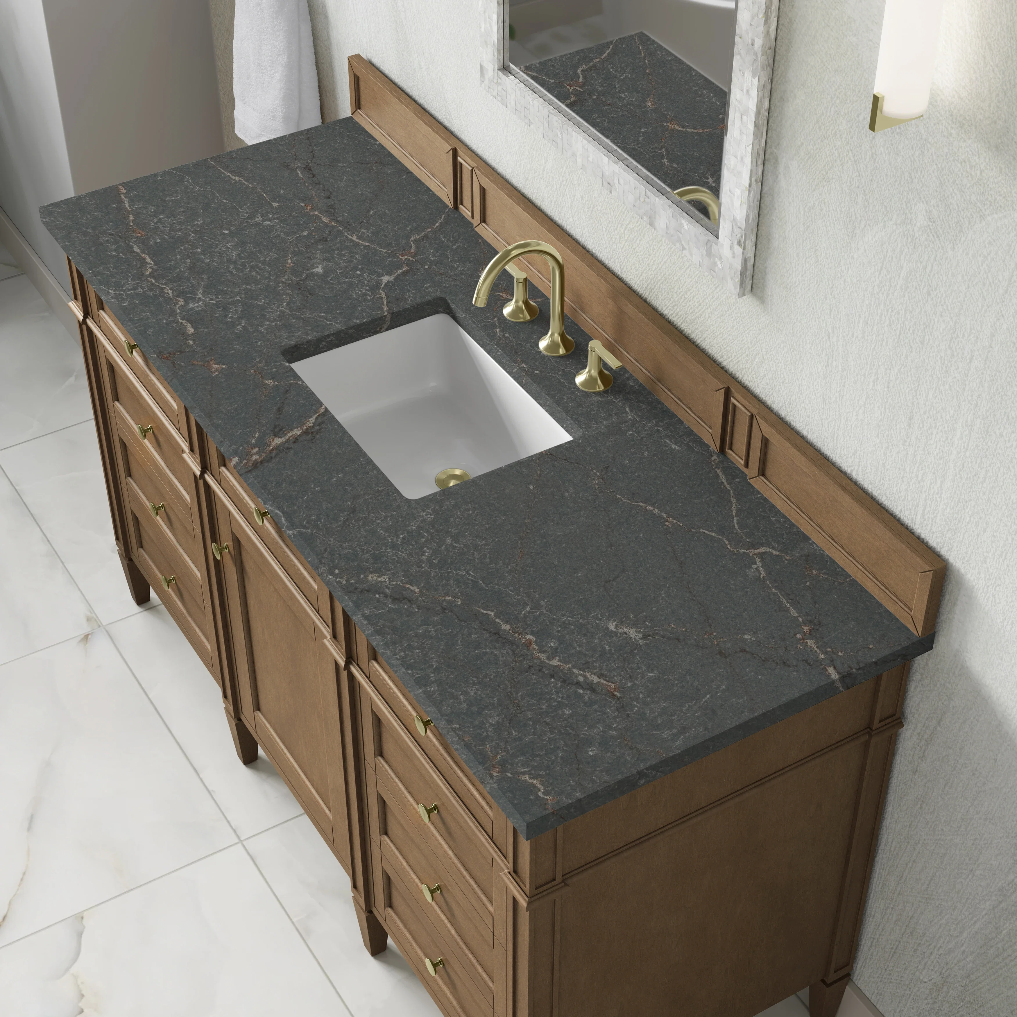 Brittany 60" Single Vanity, Pecan w/ 3 CM Parisien Bleu Silestone Top