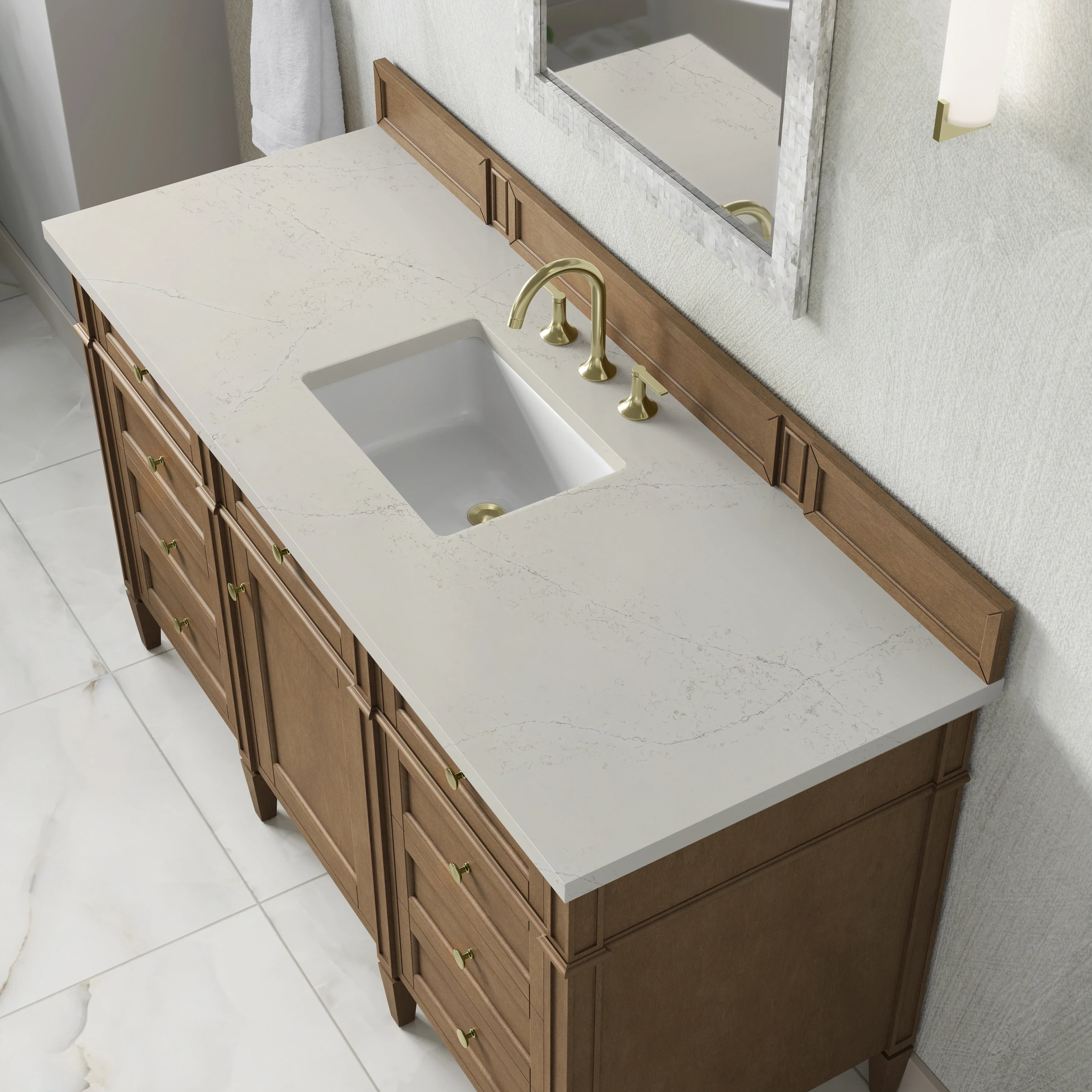 Brittany 60" Single Vanity, Pecan w/ 3 CM Siberian Silestone Top