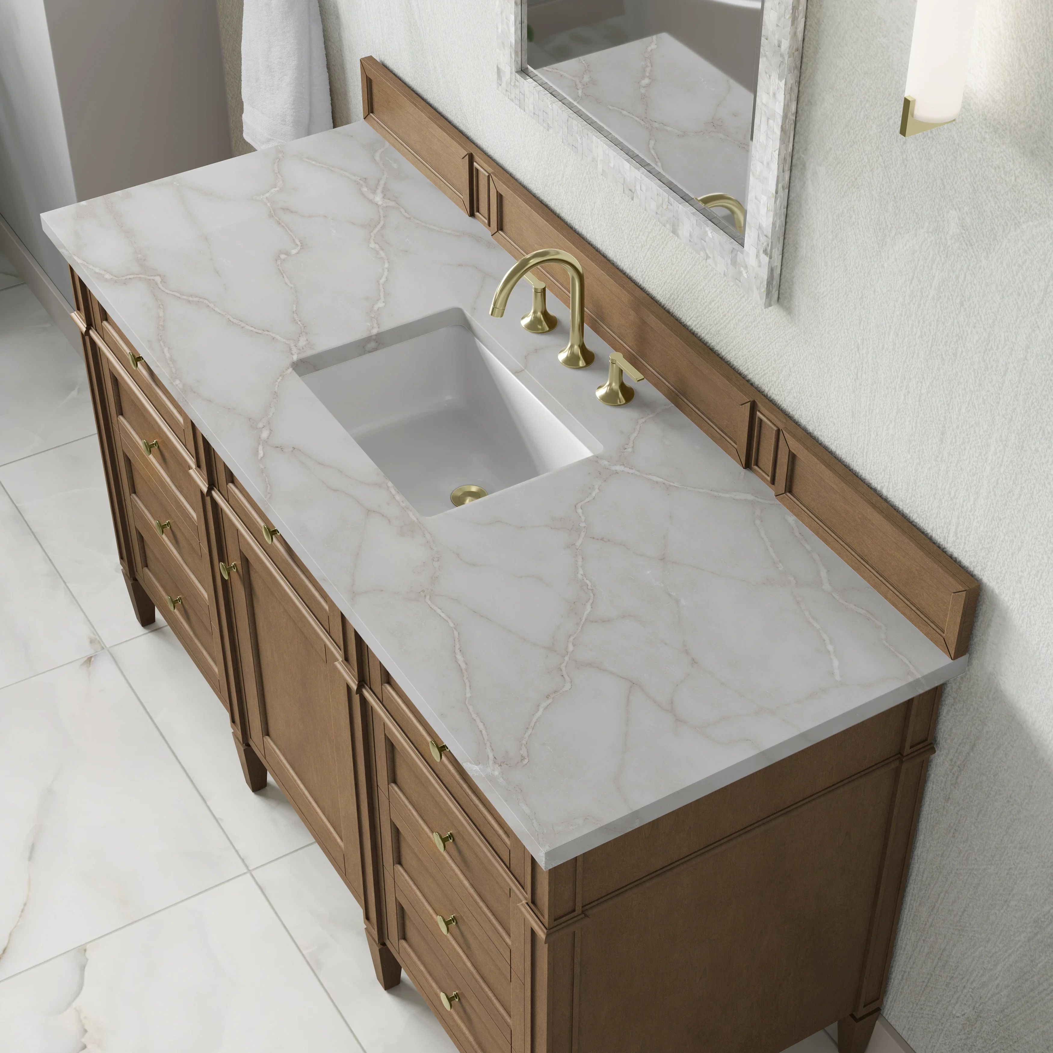 Brittany 60" Single Vanity, Pecan w/ 3 CM Victorian Silver Silestone Top