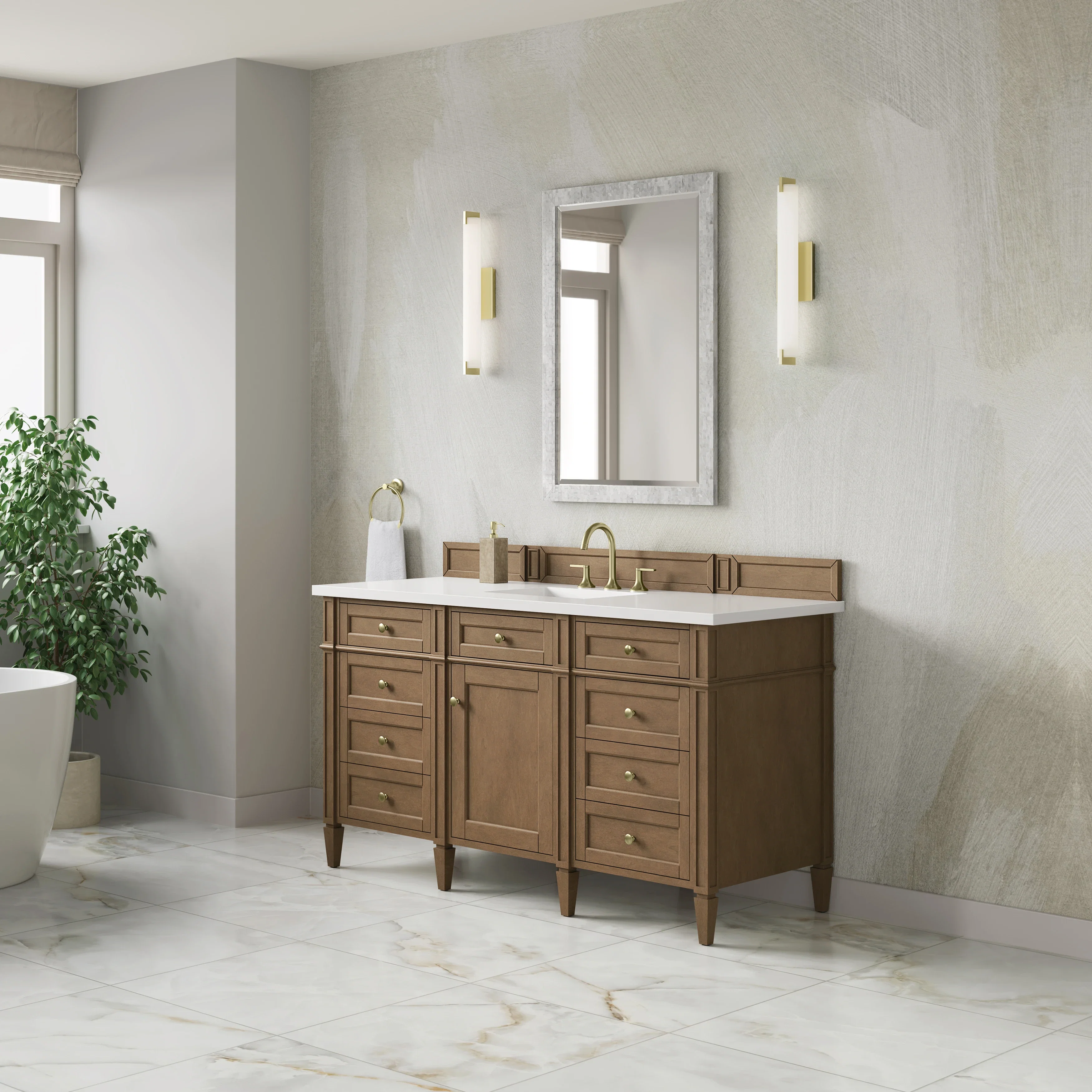 Brittany 60" Single Vanity, Pecan w/ 3 CM White Zeus Silestone Top
