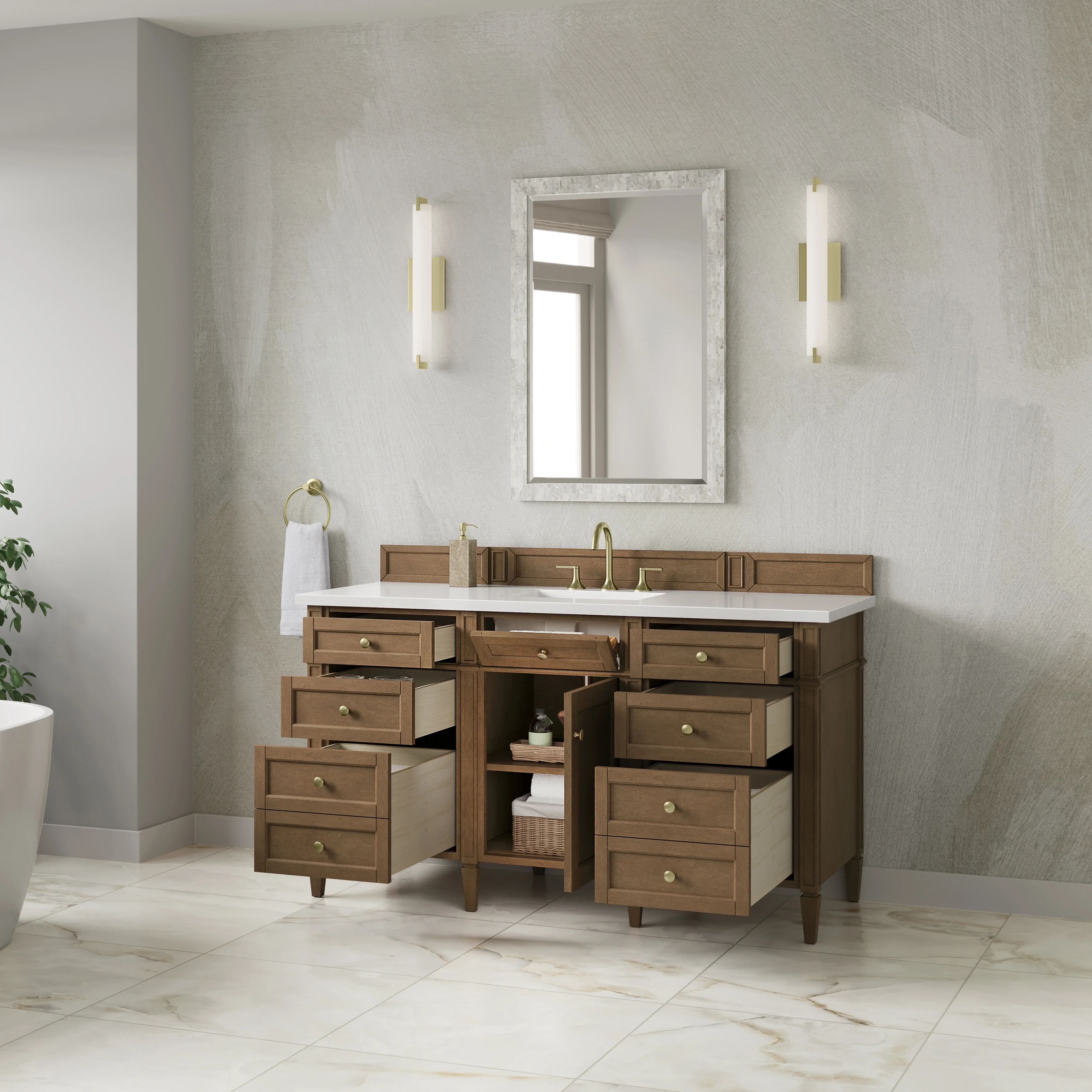 Brittany 60" Single Vanity, Pecan w/ 3 CM White Zeus Silestone Top