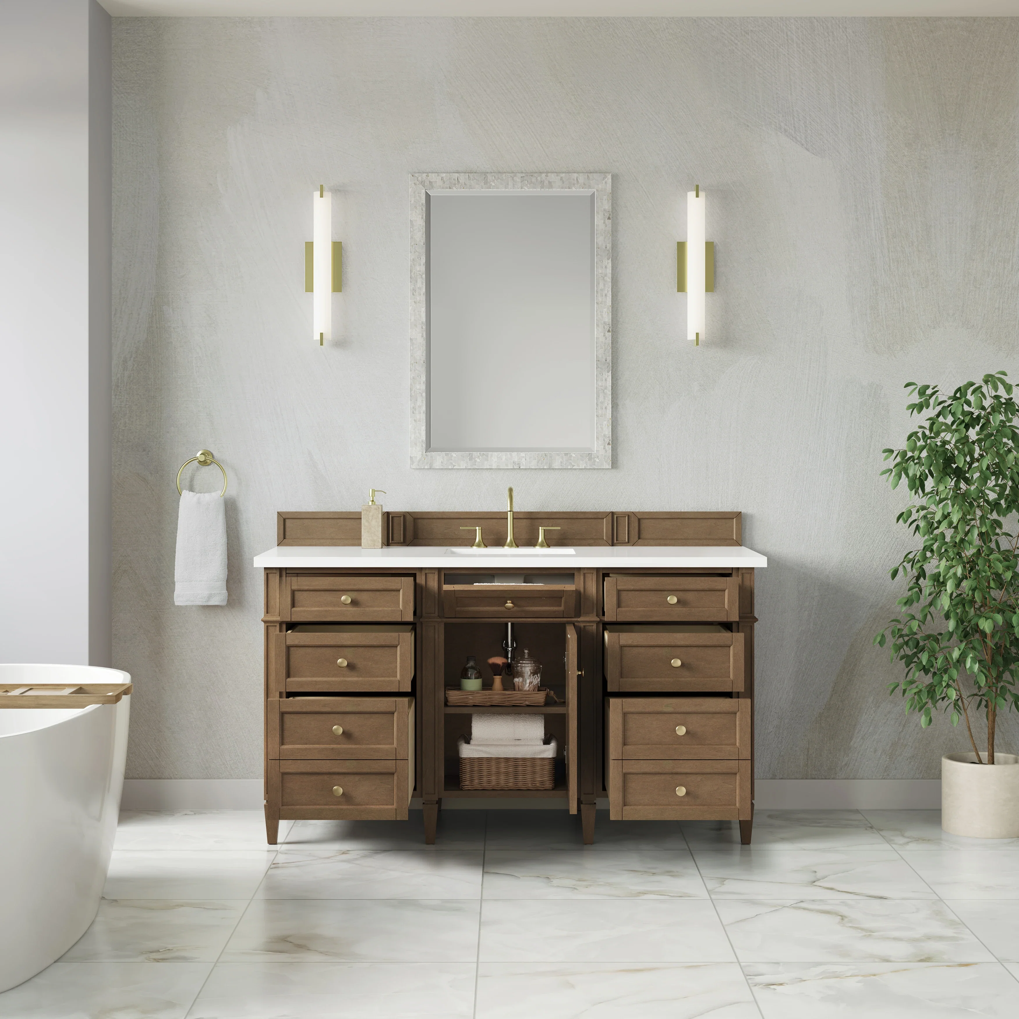 Brittany 60" Single Vanity, Pecan w/ 3 CM White Zeus Silestone Top