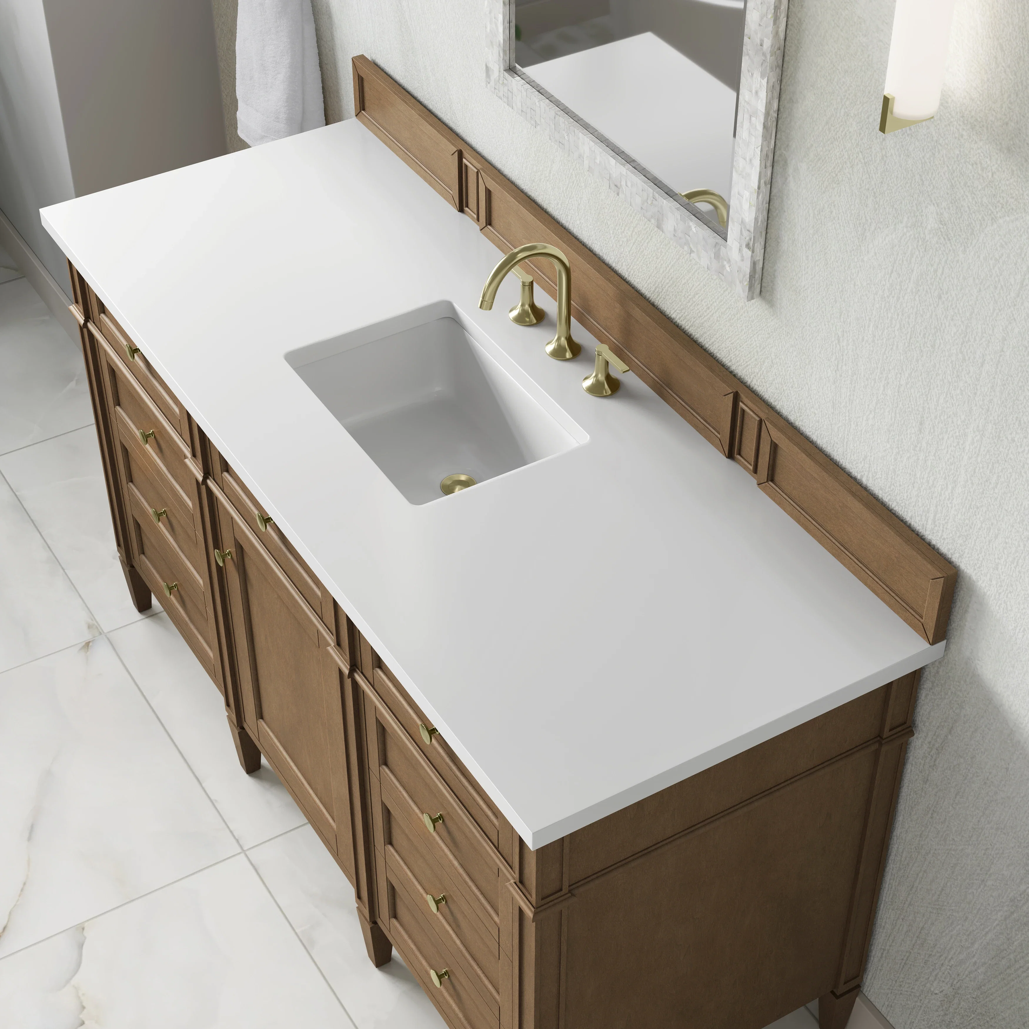 Brittany 60" Single Vanity, Pecan w/ 3 CM White Zeus Silestone Top