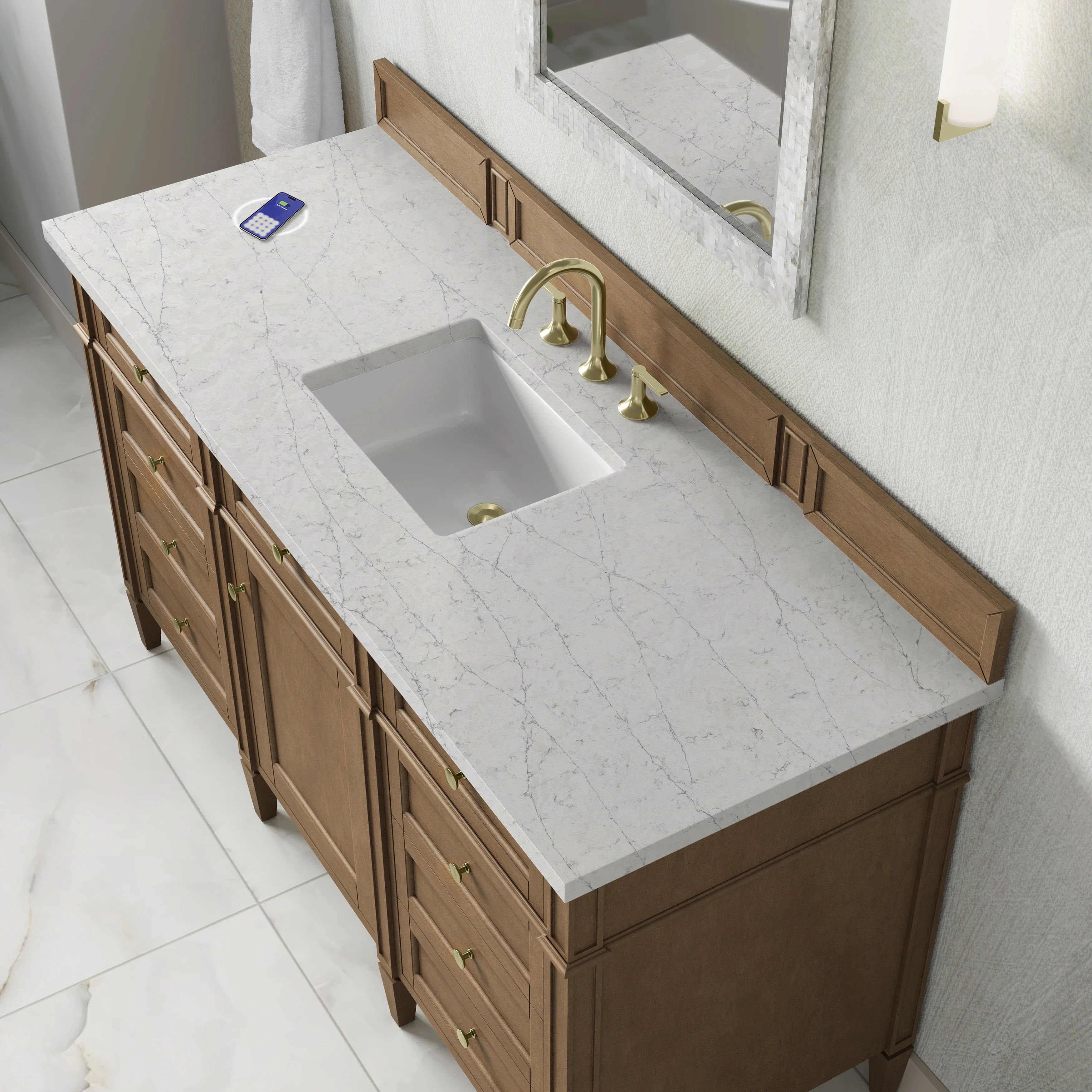 Brittany 60" Single Vanity, Pecan w/ 3 CM Eternal Jasmine Pearl Silestone Top w/FreePower Wireless Charger