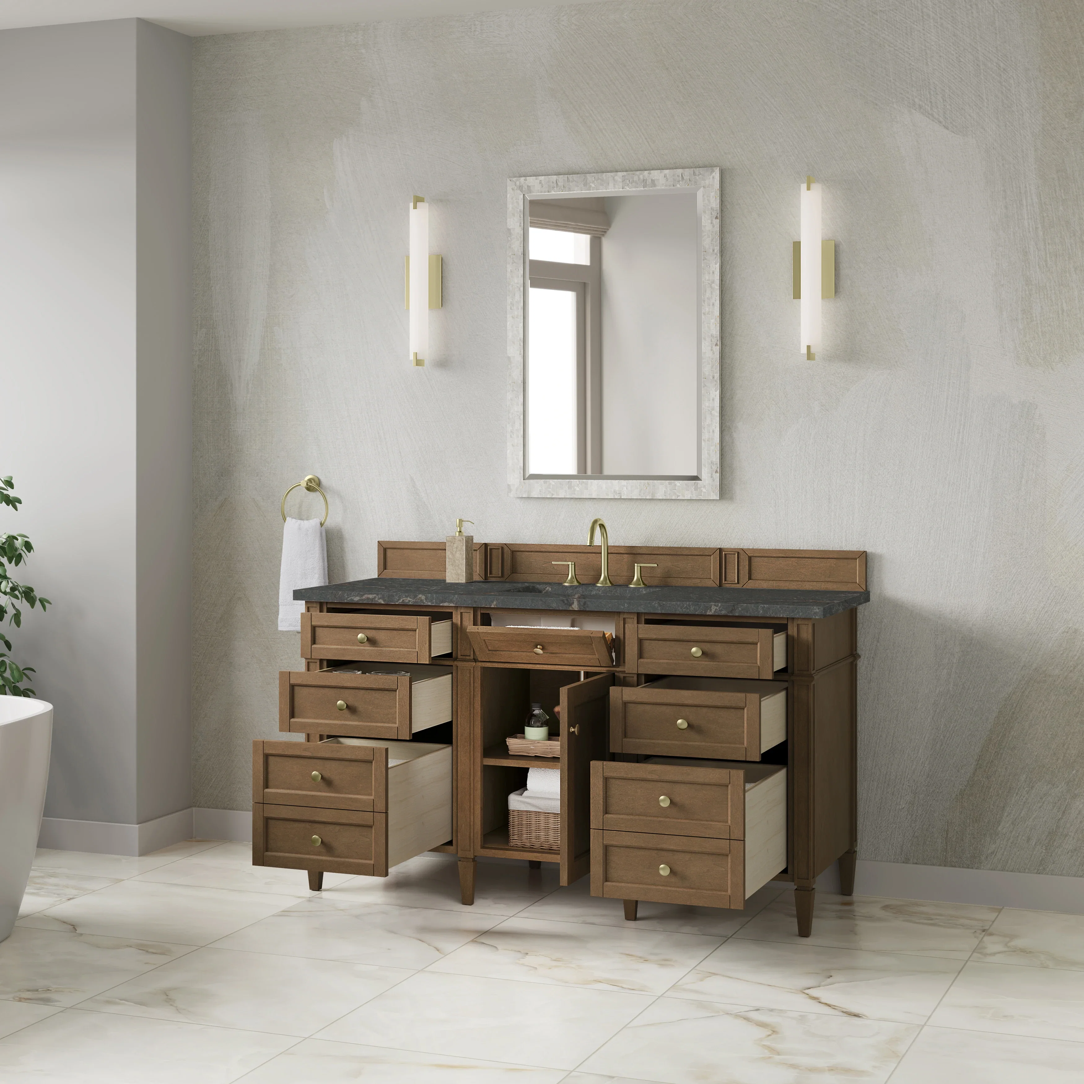 Brittany 60" Single Vanity, Pecan w/ 3 CM Parisien Bleu Silestone Top w/FreePower Wireless Charger