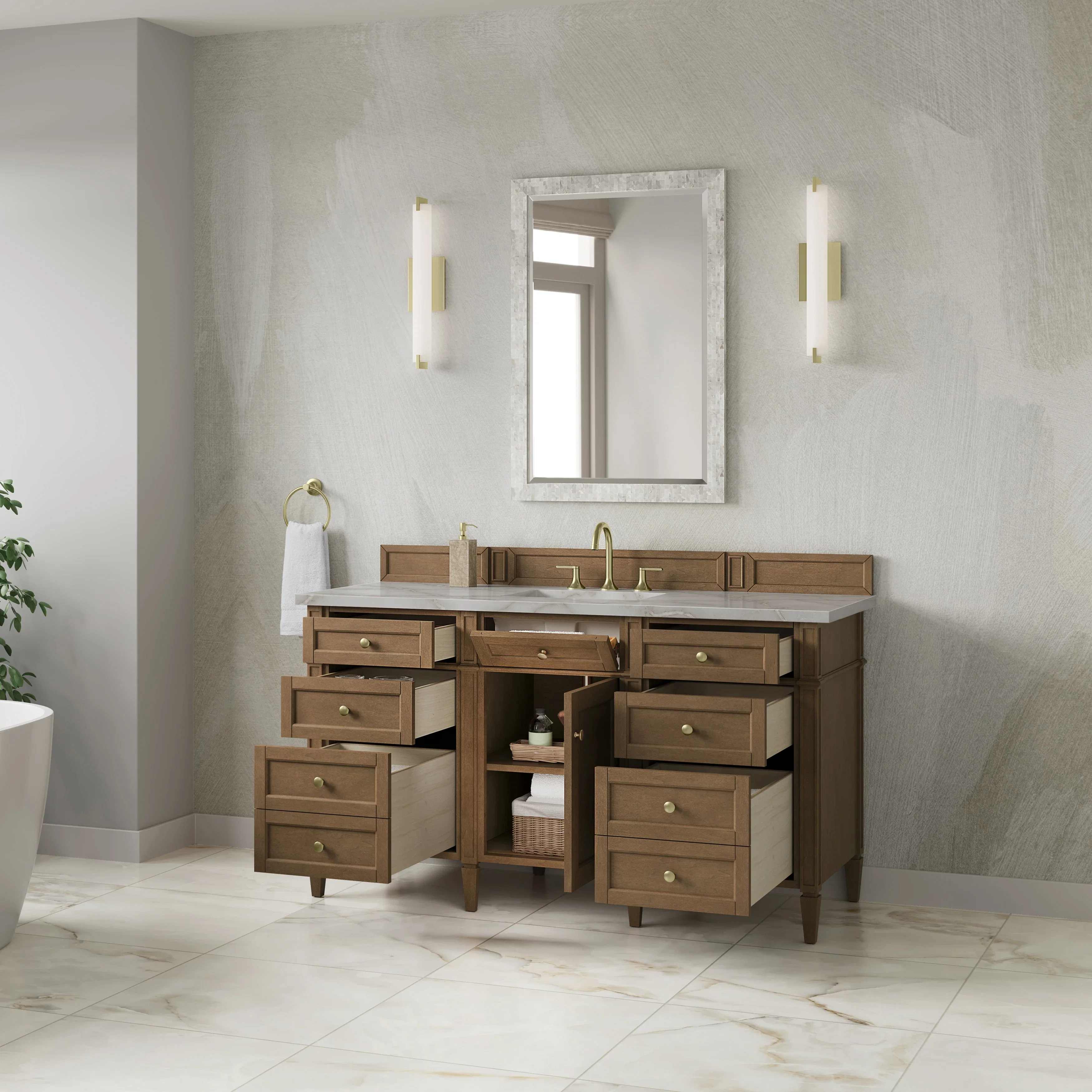 Brittany 60" Single Vanity, Pecan w/ 3 CM Victorian Silver Silestone Top w/FreePower Wireless Charger