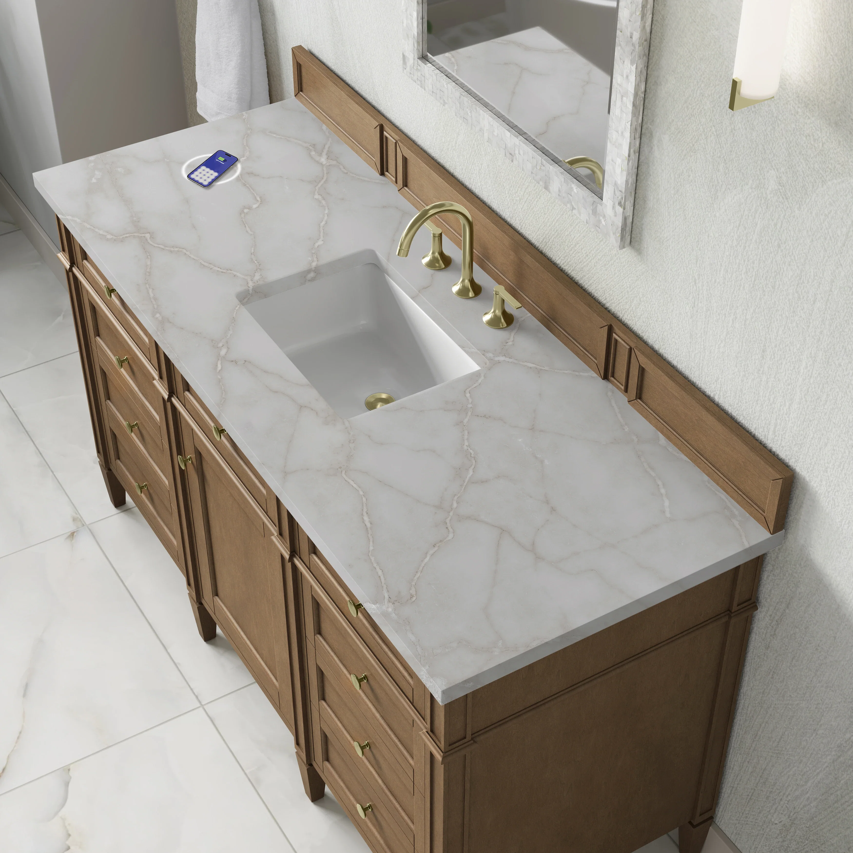 Brittany 60" Single Vanity, Pecan w/ 3 CM Victorian Silver Silestone Top w/FreePower Wireless Charger