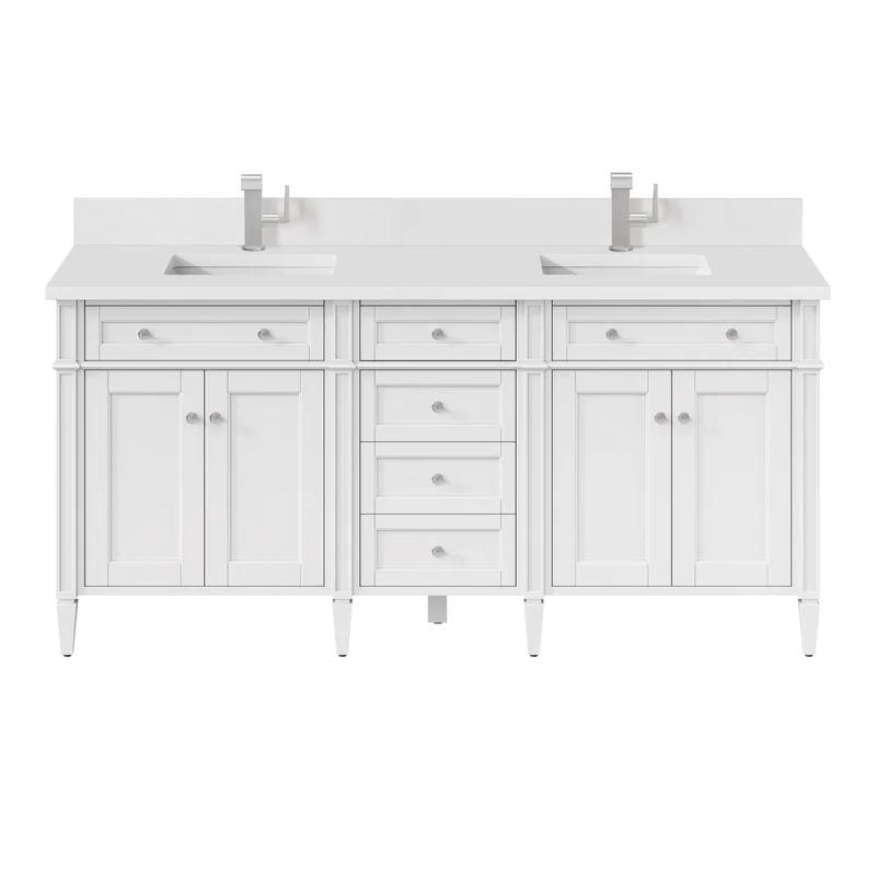 Brittany 72" Double Vanity, Bright White Vanity w/ Single Hole 3 CM White Zeus Silestone Top & Backsplash