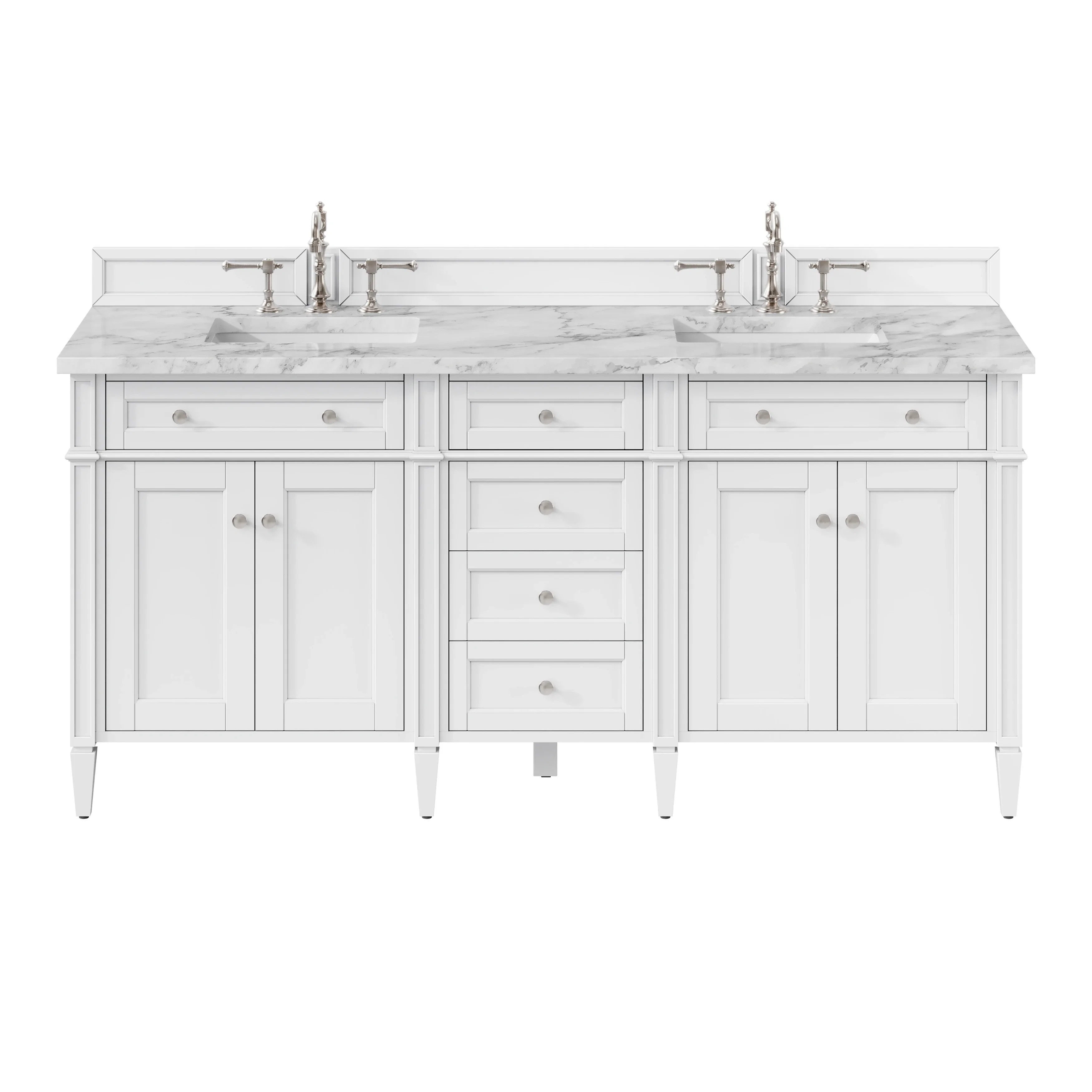 Brittany 72" Double Vanity, Bright White Vanity w/ 3 CM Carrara Marble Top