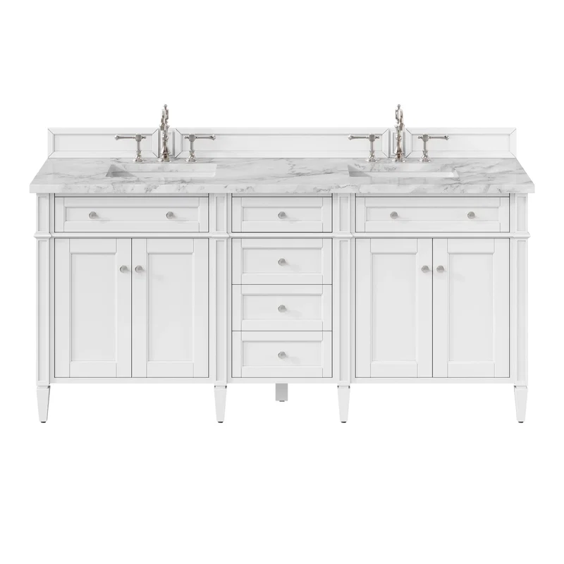 Brittany 72" Double Vanity, Bright White Vanity w/ 3 CM Carrara Marble Top