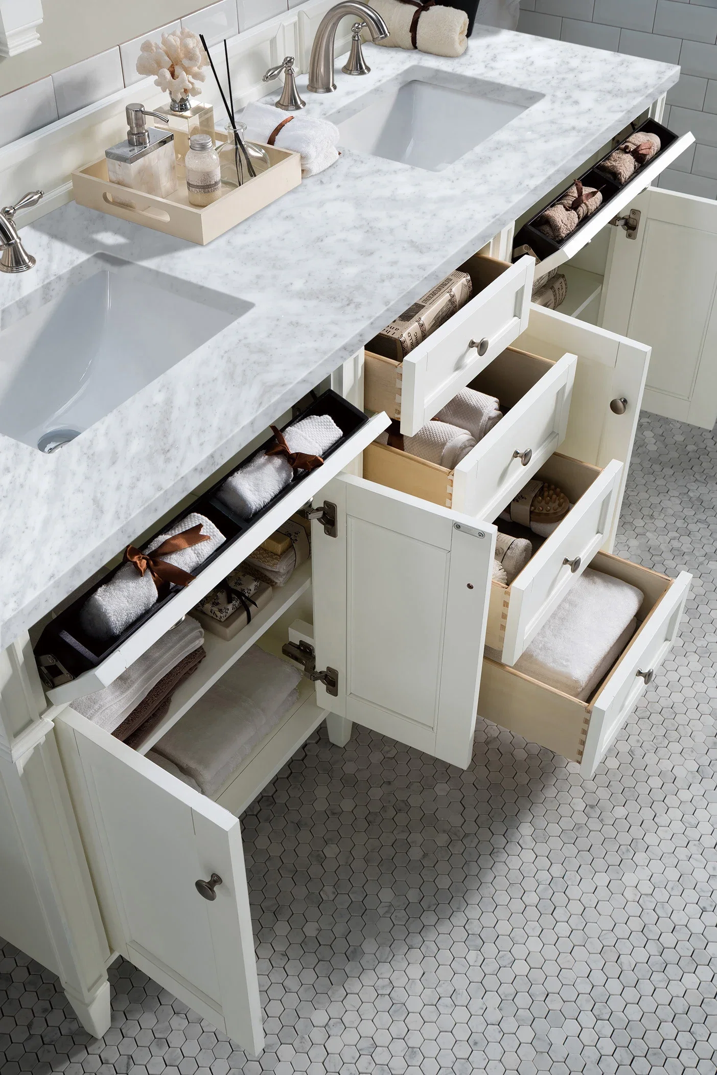 Brittany 72" Double Vanity, Bright White Vanity w/ 3 CM Carrara Marble Top