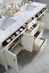 Brittany 72" Double Vanity, Bright White Vanity w/ 3 CM Carrara Marble Top