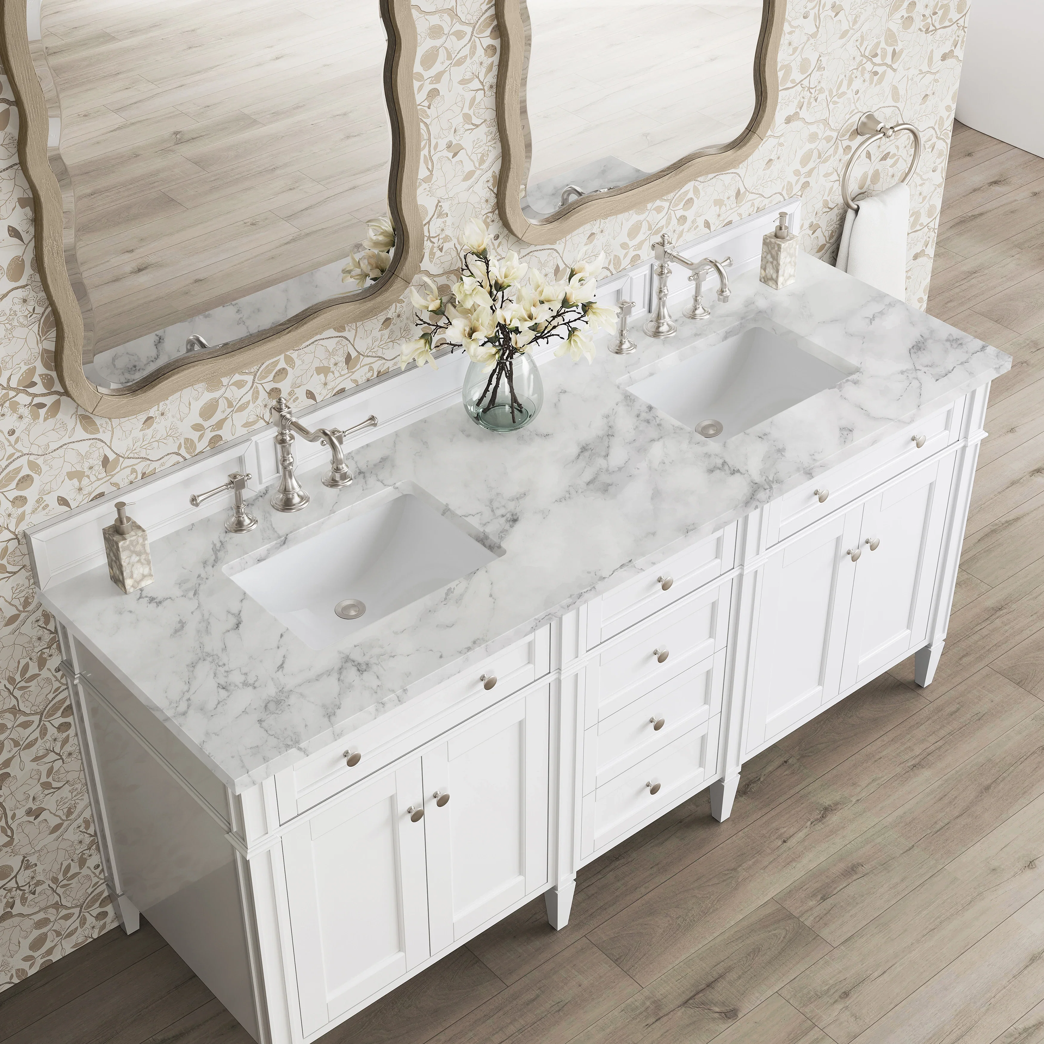 Brittany 72" Double Vanity, Bright White Vanity w/ 3 CM Carrara Marble Top