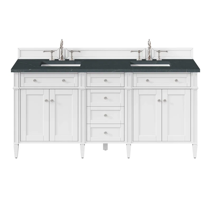 Brittany 72" Double Vanity, Bright White Vanity w/ 3 CM Charcoal Soapstone Silestone Top