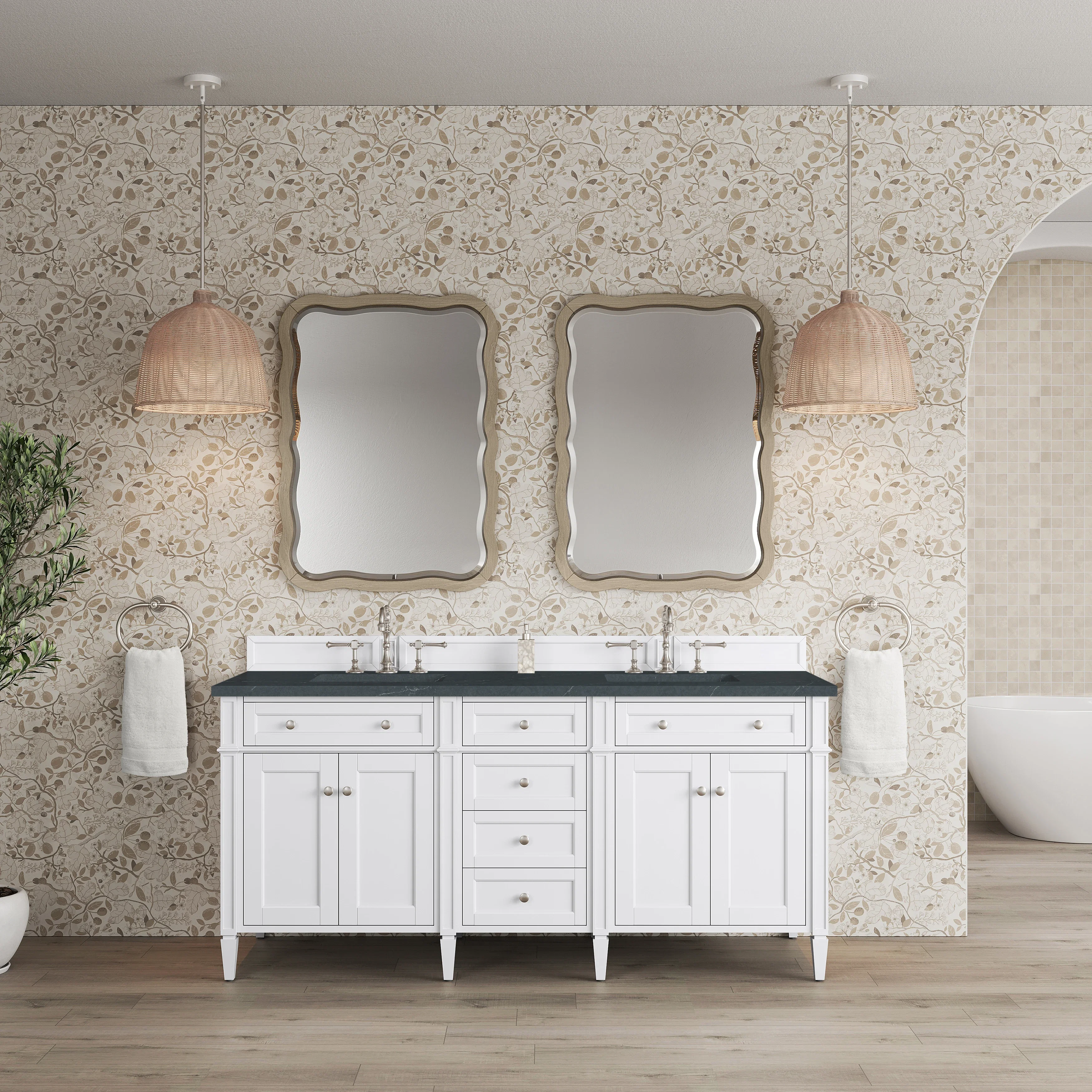 Brittany 72" Double Vanity, Bright White Vanity w/ 3 CM Charcoal Soapstone Silestone Top