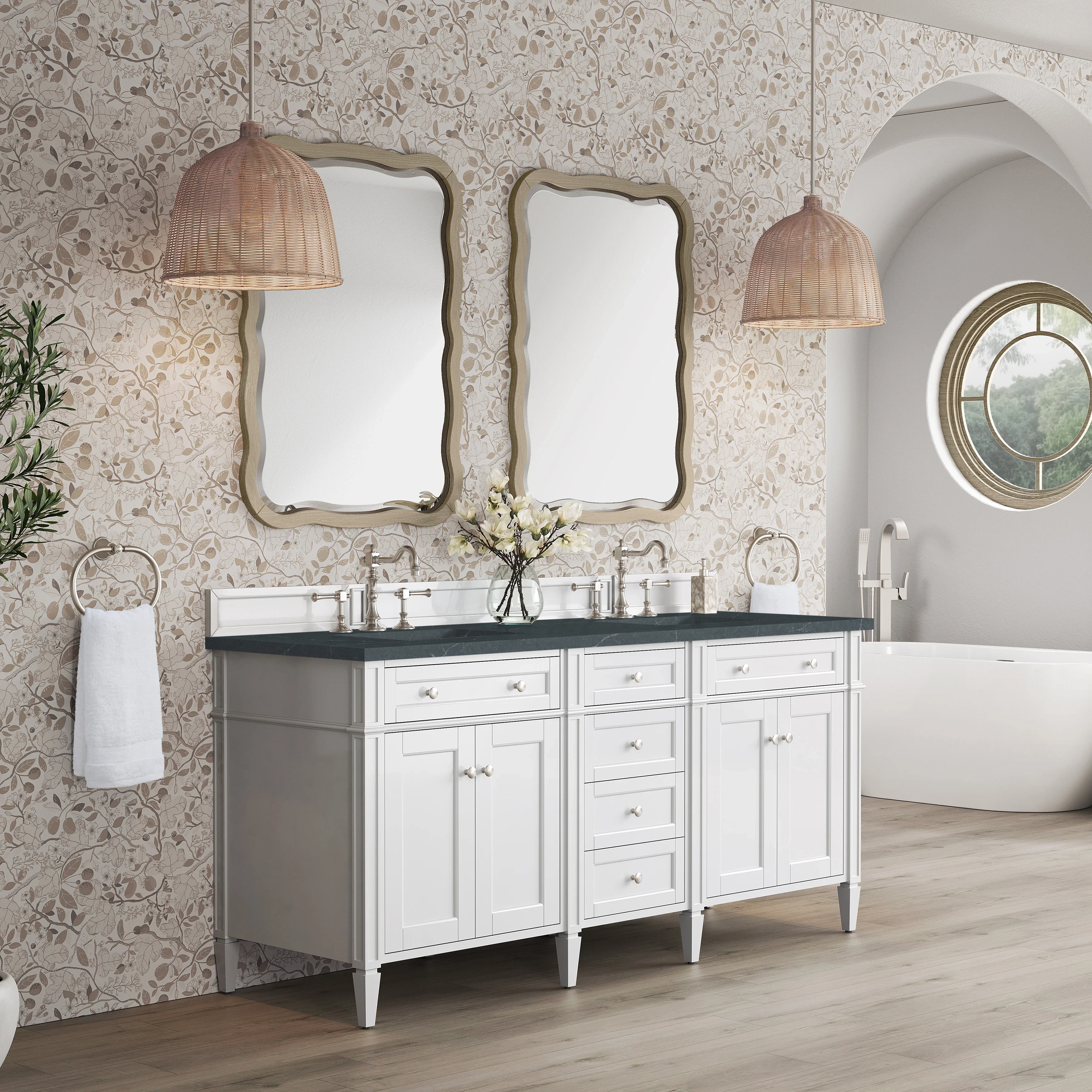 Brittany 72" Double Vanity, Bright White Vanity w/ 3 CM Charcoal Soapstone Silestone Top