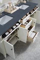 Brittany 72" Double Vanity, Bright White Vanity w/ 3 CM Charcoal Soapstone Silestone Top