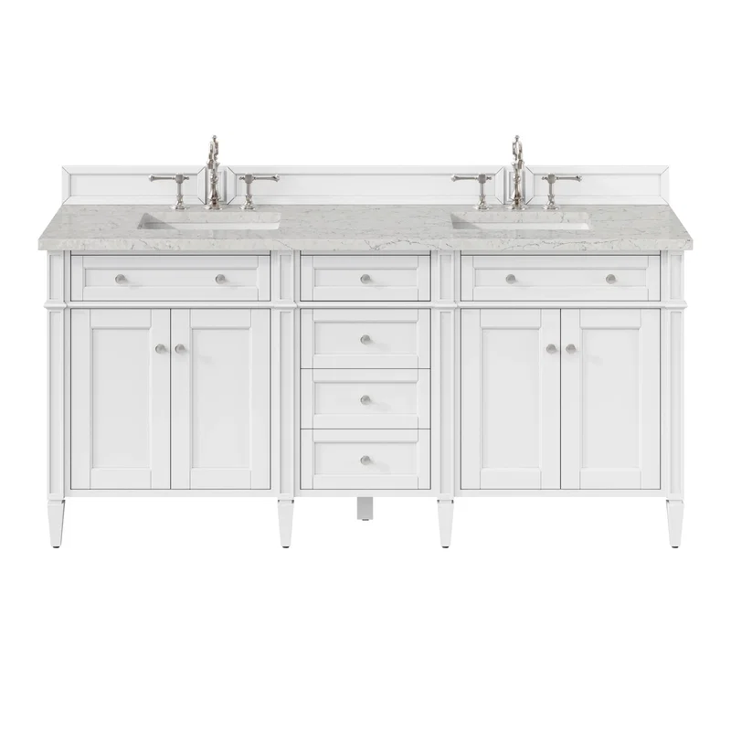 Brittany 72" Double Vanity, Bright White Vanity w/ 3 CM Eternal Jasmine Pearl Silestone Top
