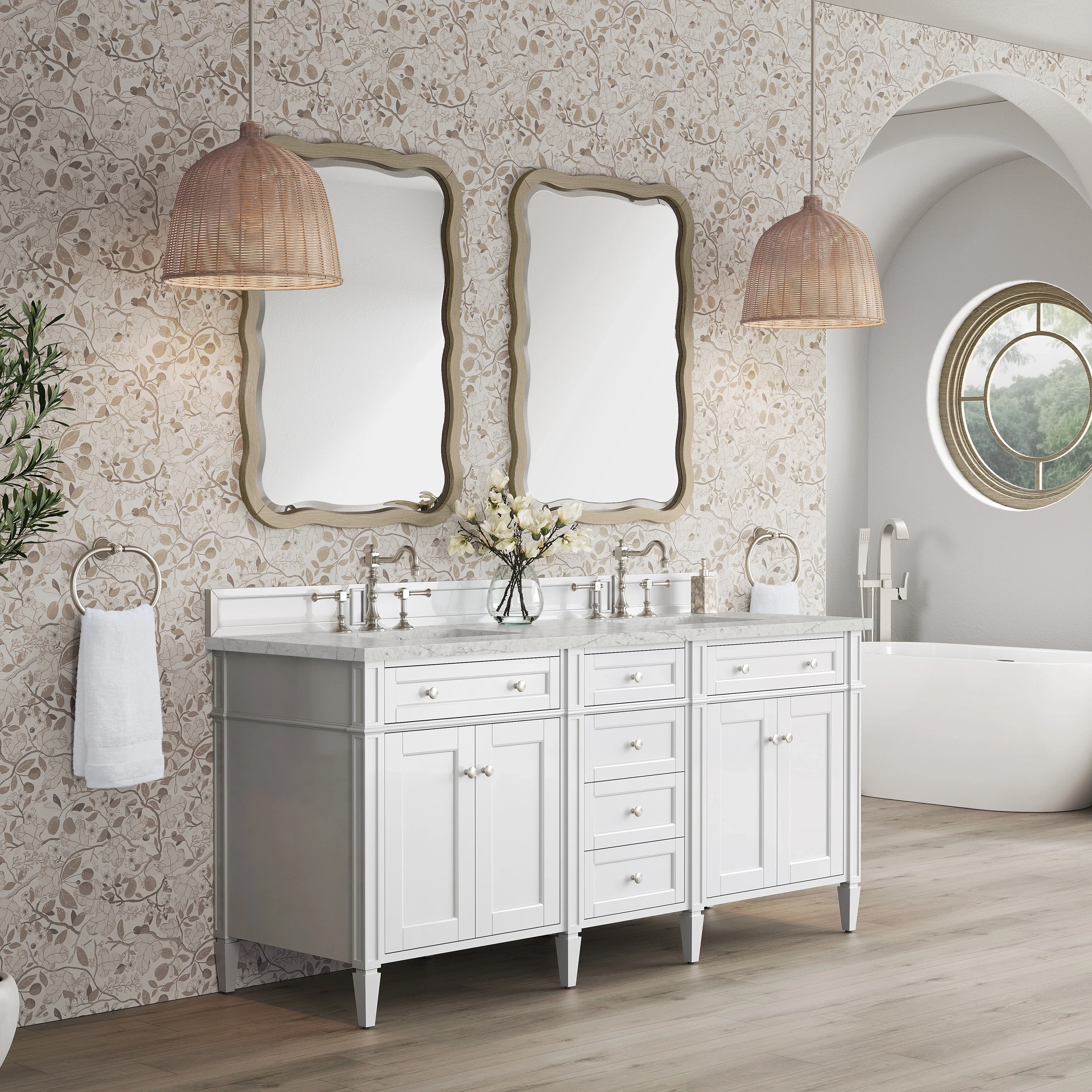 Brittany 72" Double Vanity, Bright White Vanity w/ 3 CM Eternal Jasmine Pearl Silestone Top
