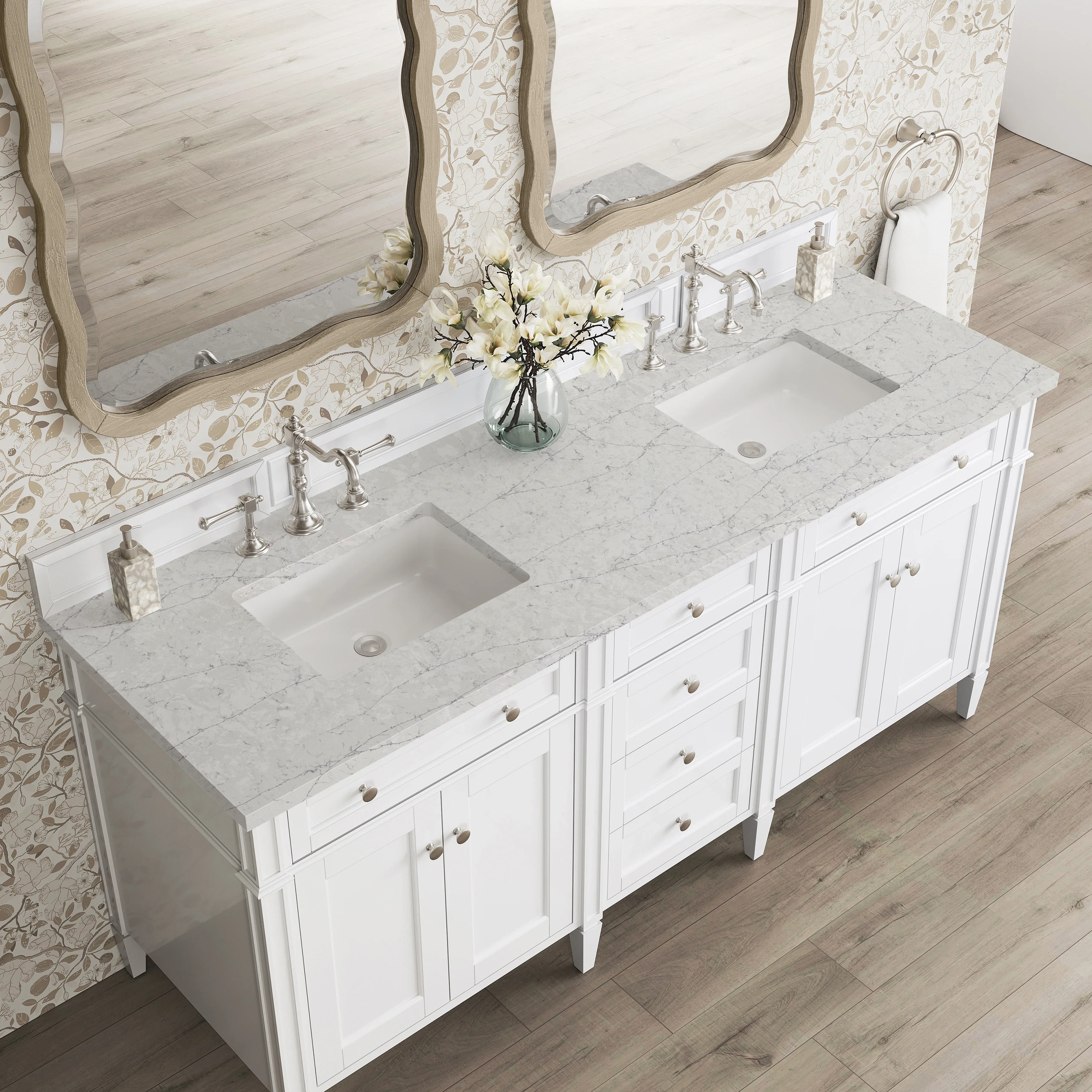 Brittany 72" Double Vanity, Bright White Vanity w/ 3 CM Eternal Jasmine Pearl Silestone Top