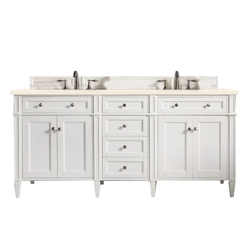 Brittany 72" Double Vanity, Bright White Vanity w/ 3 CM Eternal Marfil Silestone Top