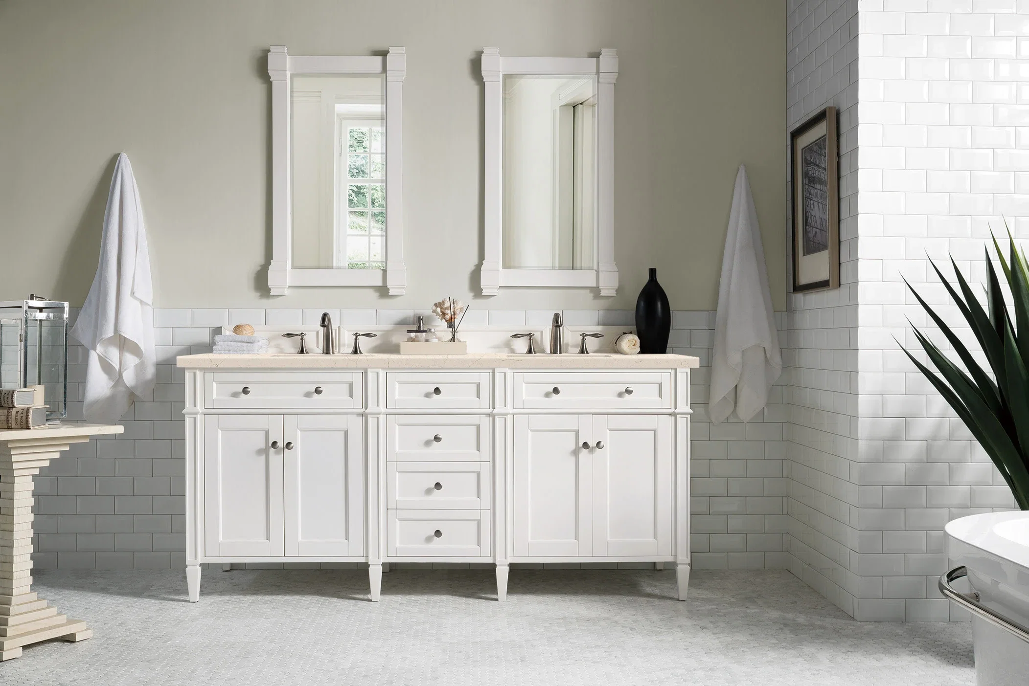 Brittany 72" Double Vanity, Bright White Vanity w/ 3 CM Eternal Marfil Silestone Top