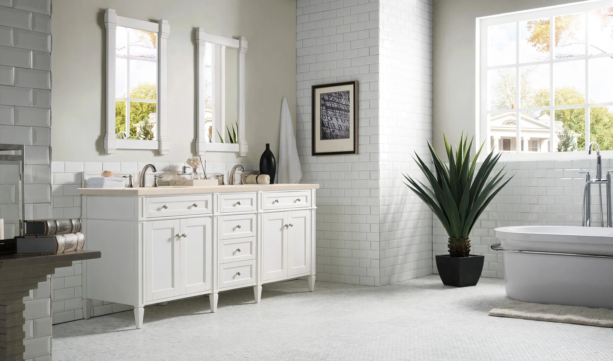 Brittany 72" Double Vanity, Bright White Vanity w/ 3 CM Eternal Marfil Silestone Top