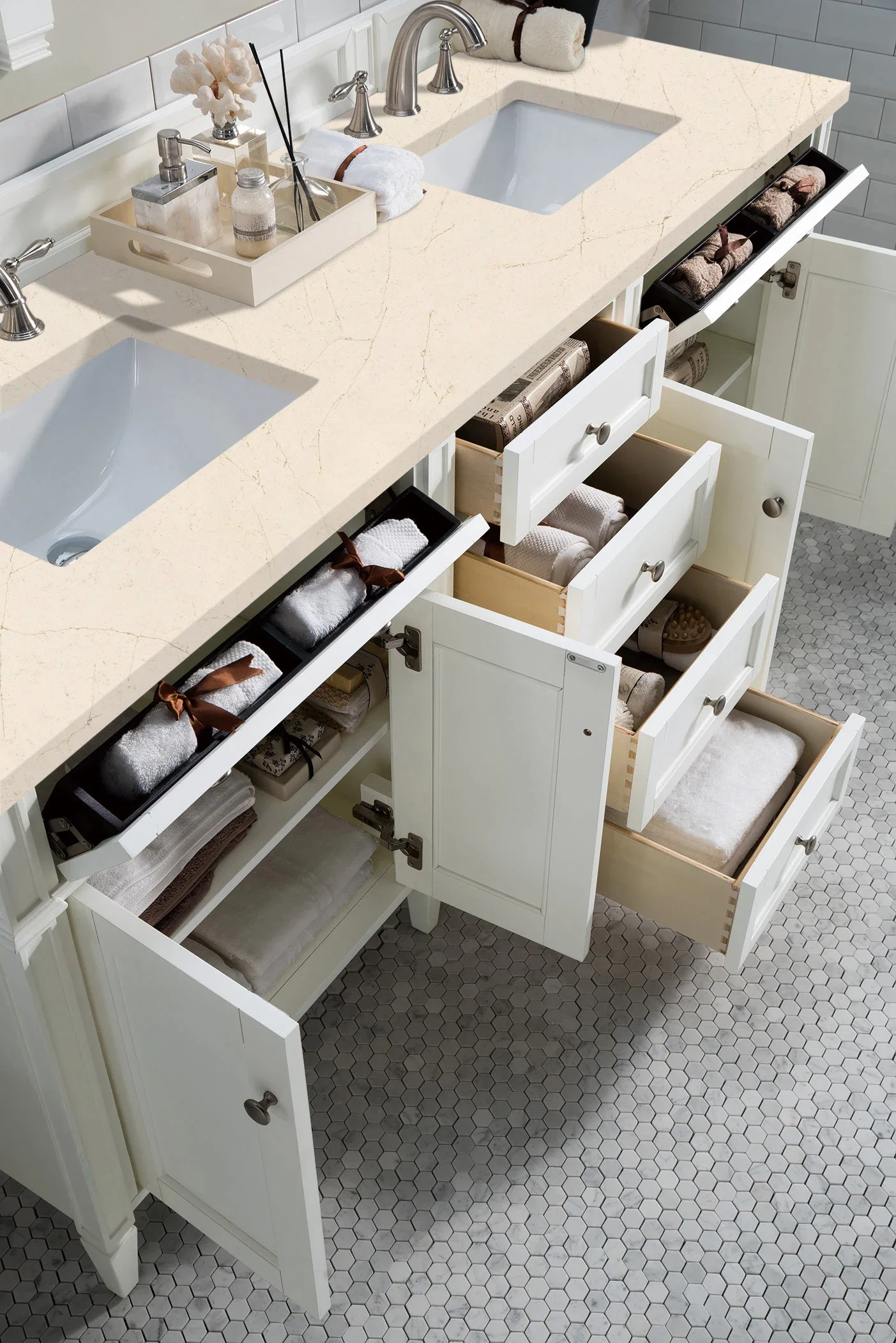 Brittany 72" Double Vanity, Bright White Vanity w/ 3 CM Eternal Marfil Silestone Top