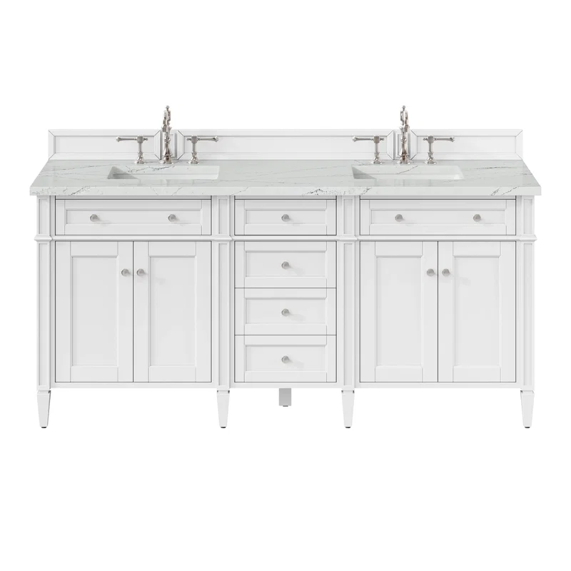 Brittany 72" Double Vanity, Bright White Vanity w/ 3 CM Ethereal Noctis Silestone Top