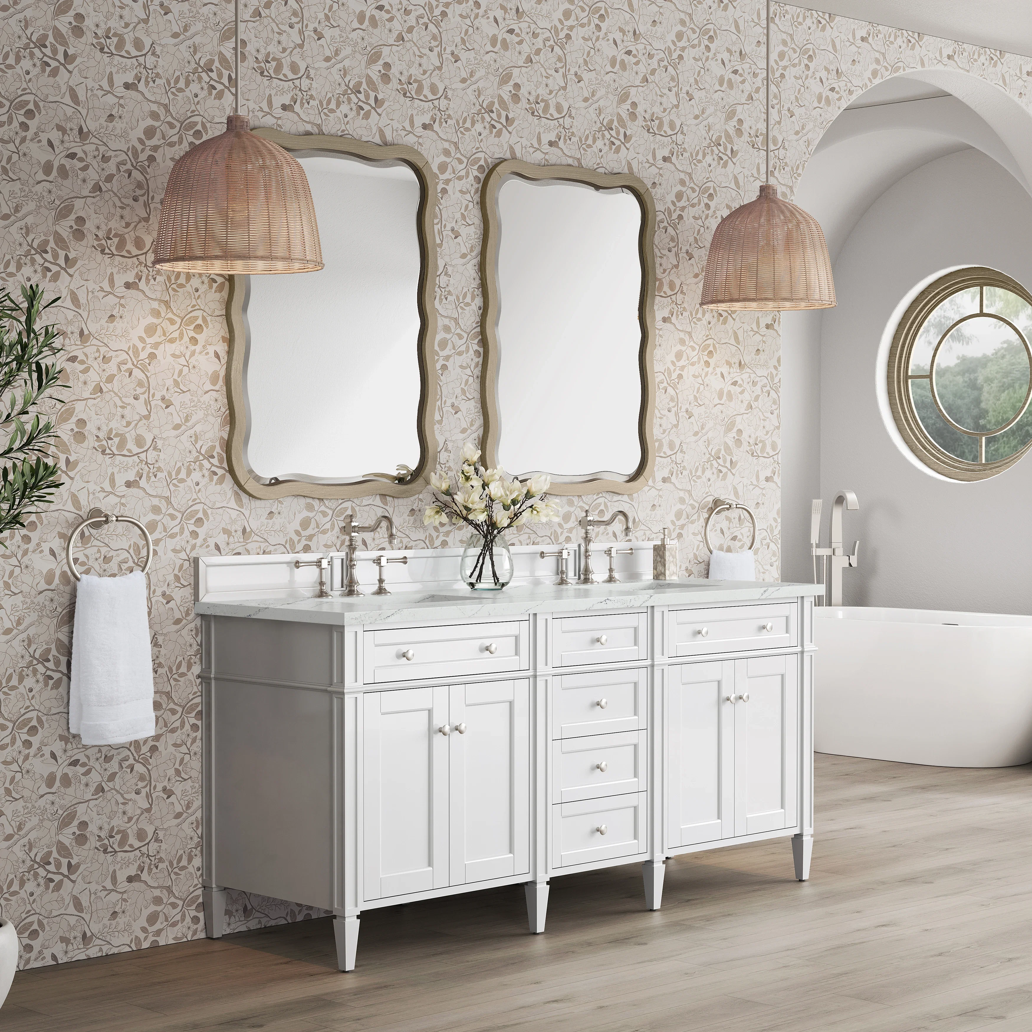 Brittany 72" Double Vanity, Bright White Vanity w/ 3 CM Ethereal Noctis Silestone Top