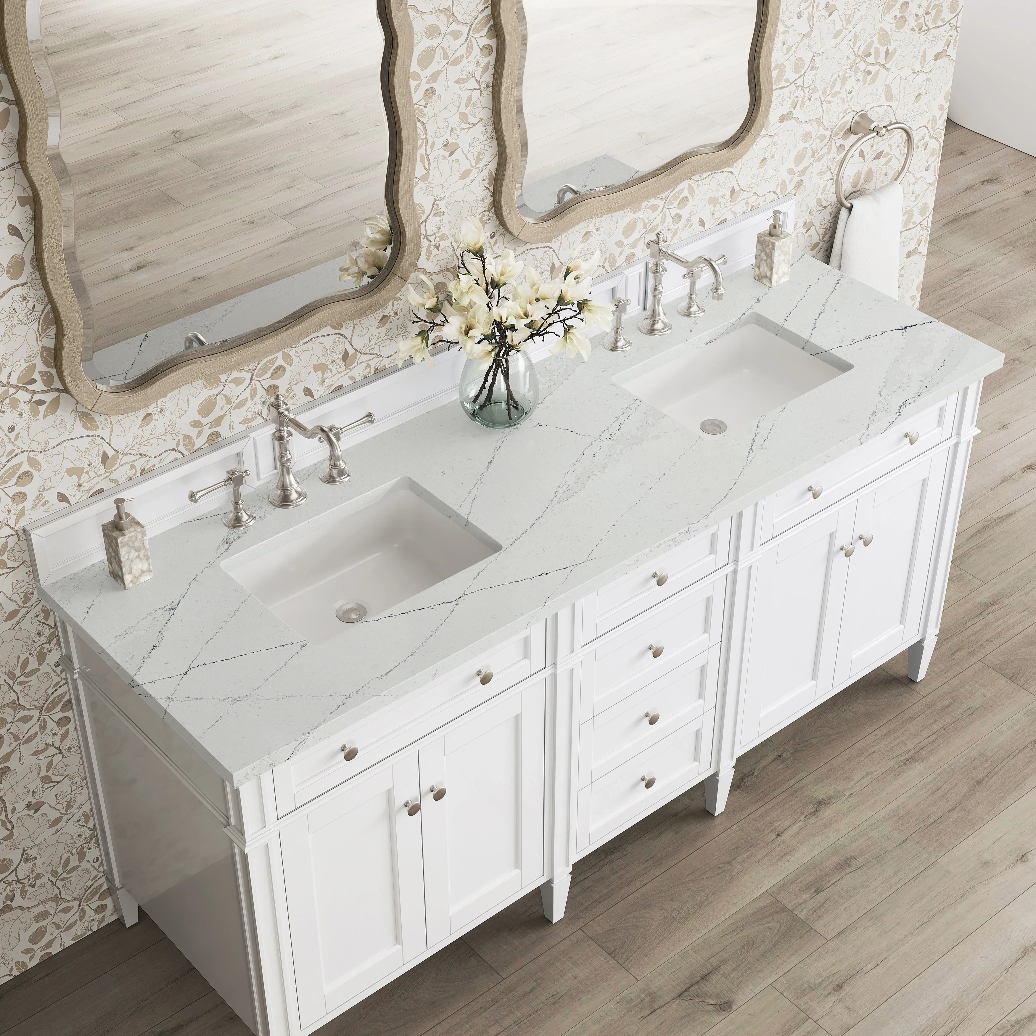 Brittany 72" Double Vanity, Bright White Vanity w/ 3 CM Ethereal Noctis Silestone Top