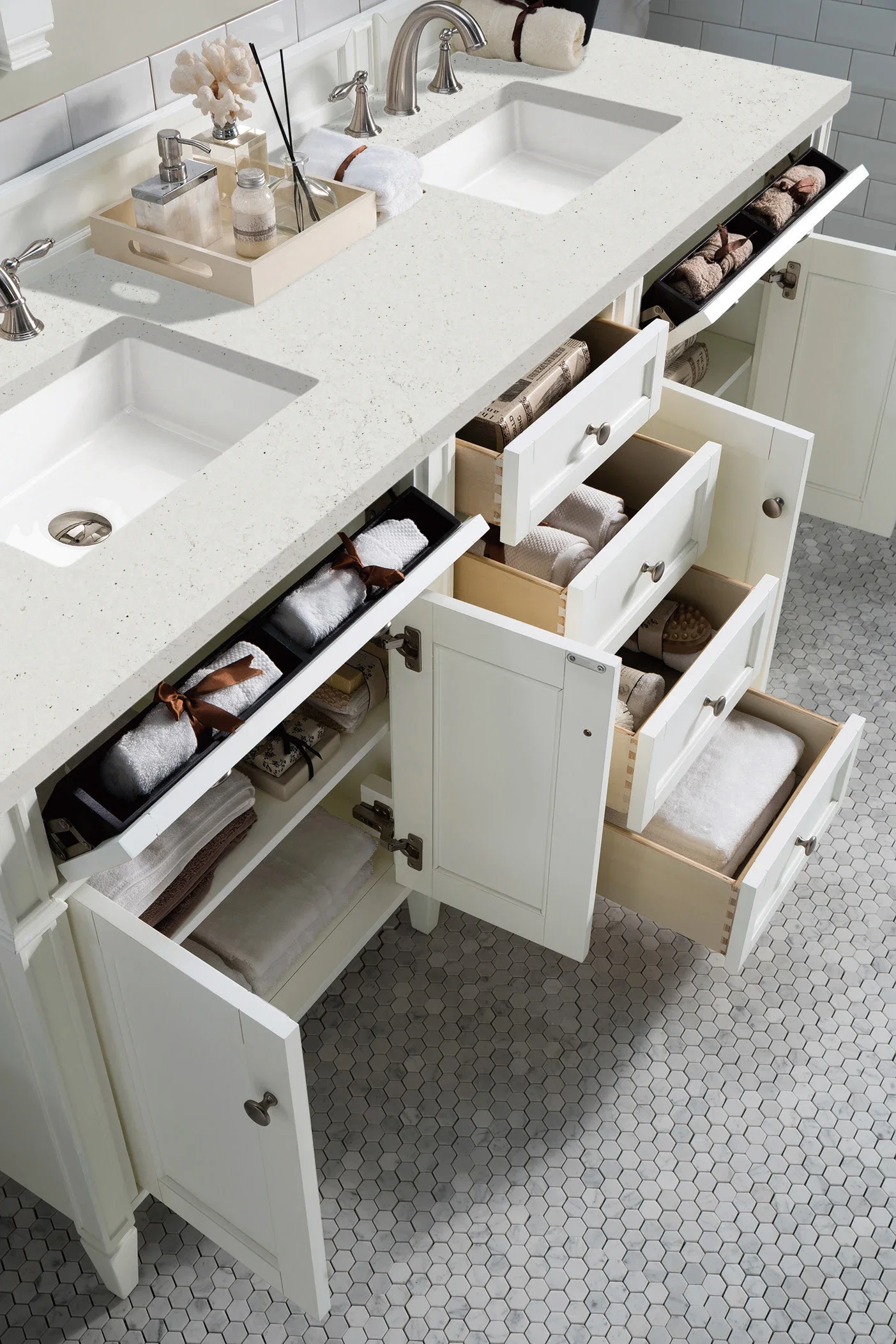 Brittany 72" Double Vanity, Bright White Vanity w/ 3 CM Lime Delight Silestone Top