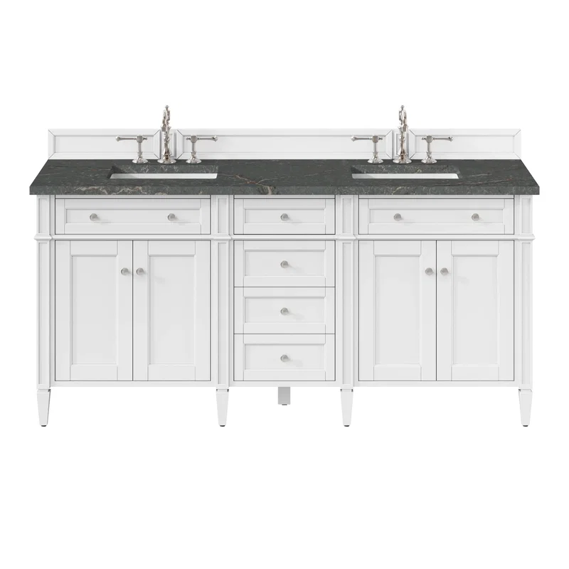 Brittany 72" Double Vanity, Bright White Vanity w/ 3 CM Parisien Bleu Silestone Top