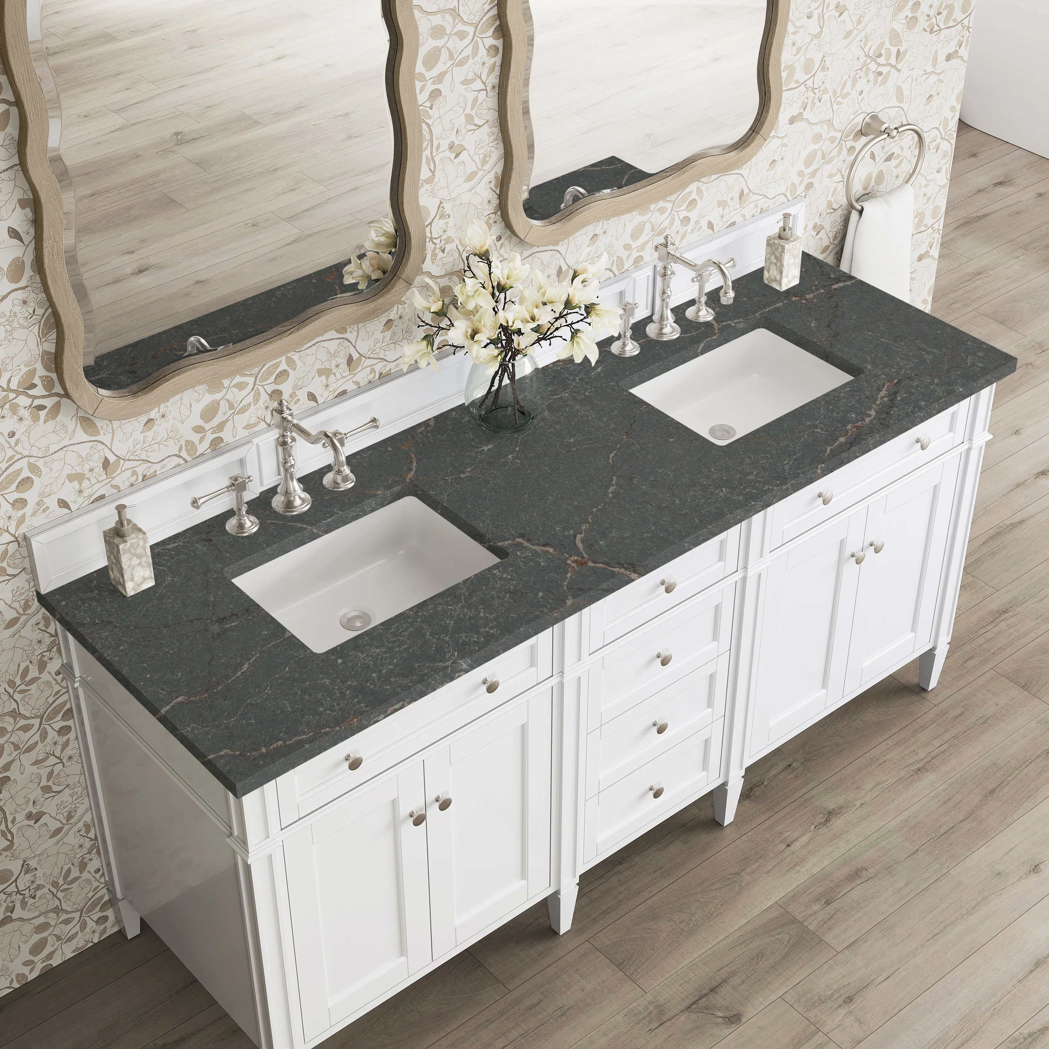 Brittany 72" Double Vanity, Bright White Vanity w/ 3 CM Parisien Bleu Silestone Top