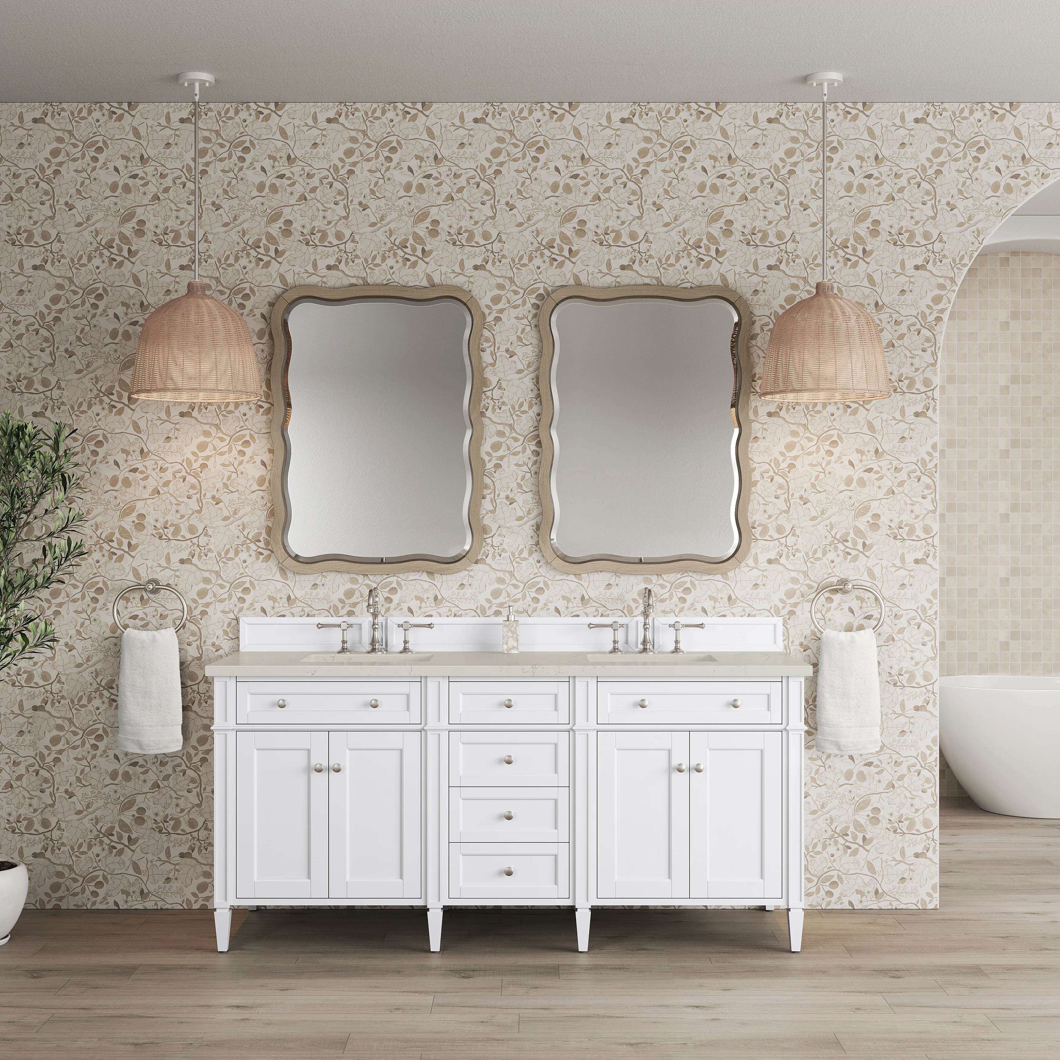 Brittany 72" Double Vanity in Bright White, w/ 3 CM Siberian Silestone Top