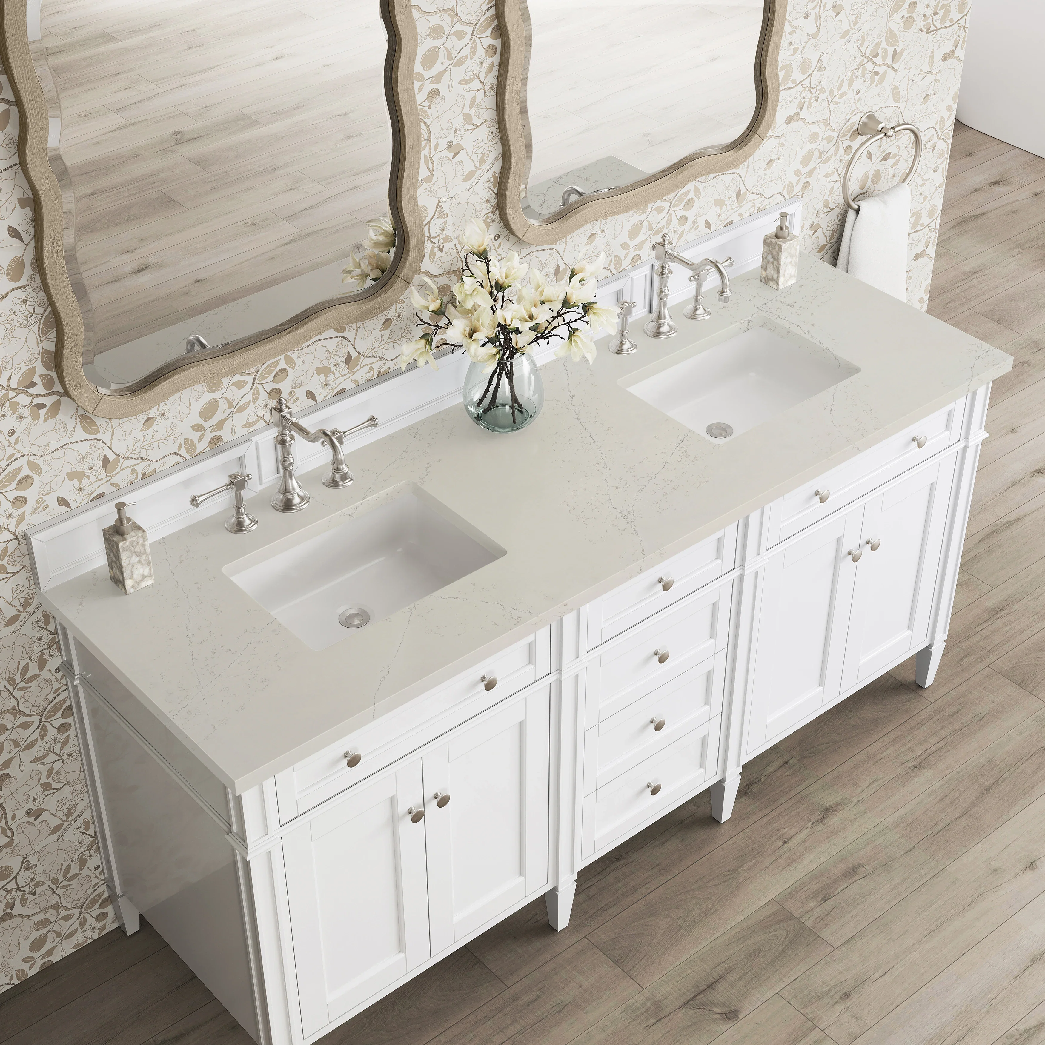 Brittany 72" Double Vanity in Bright White, w/ 3 CM Siberian Silestone Top