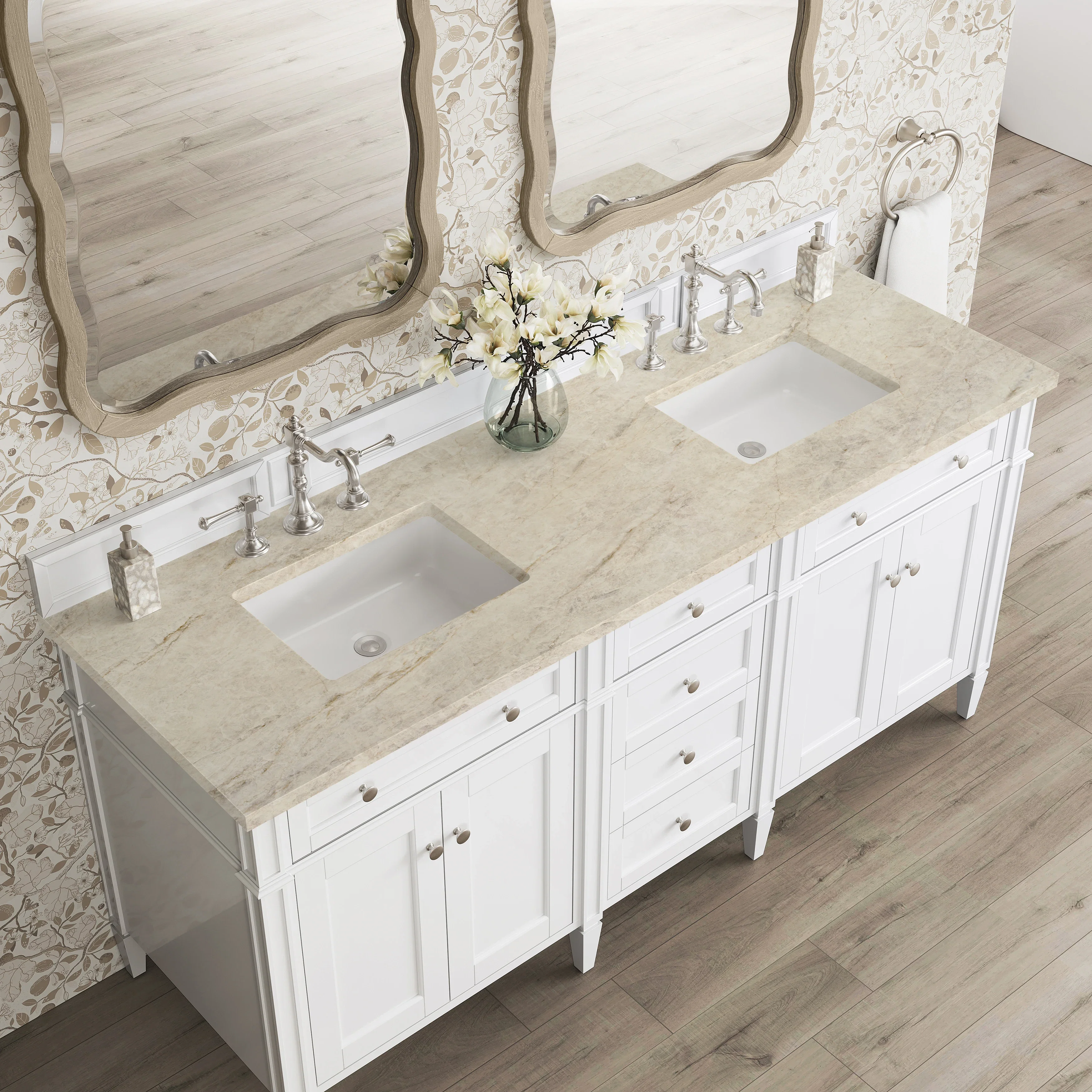 Brittany 72" Double Vanity in Bright White, w/ 3 CM Tajnar Eclos Top