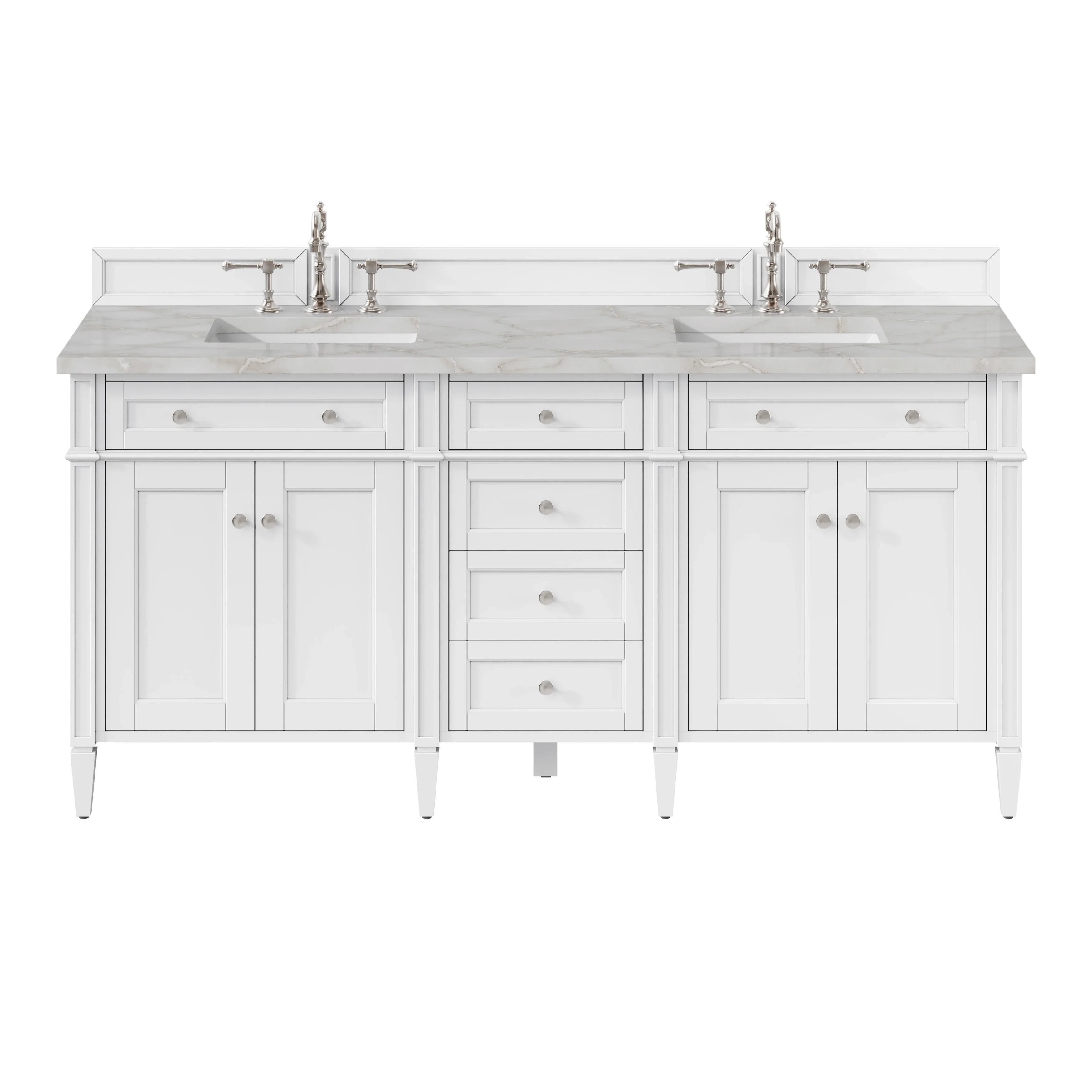 Brittany 72" Double Vanity, Bright White Vanity w/ 3 CM Victorian Silver Silestone Top