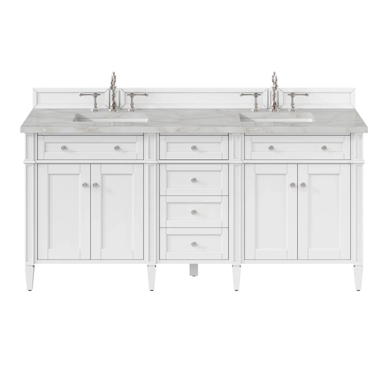 Brittany 72" Double Vanity, Bright White Vanity w/ 3 CM Victorian Silver Silestone Top