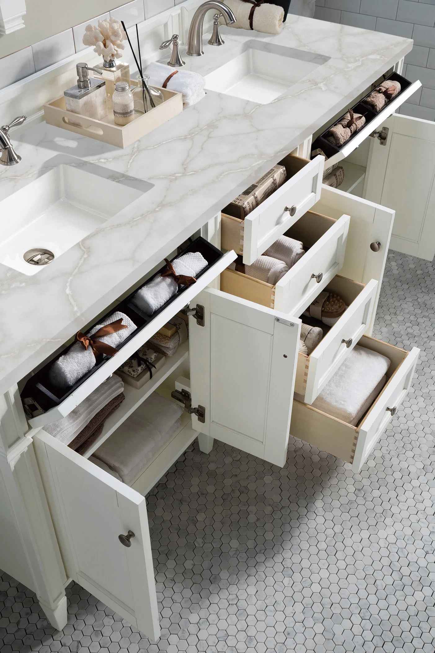 Brittany 72" Double Vanity, Bright White Vanity w/ 3 CM Victorian Silver Silestone Top