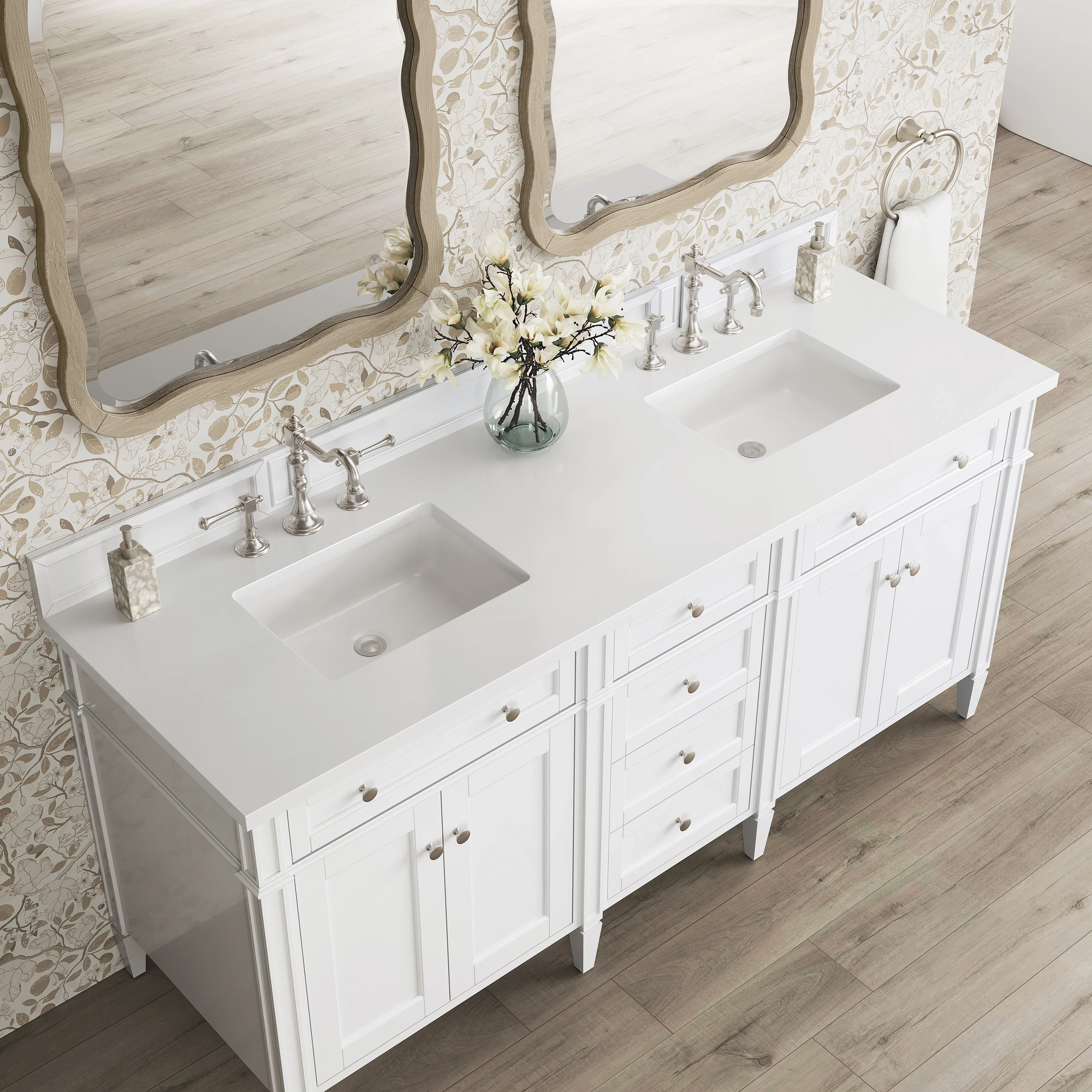 Brittany 72" Double Vanity, Bright White Vanity w/ 3 CM White Zeus Silestone Top