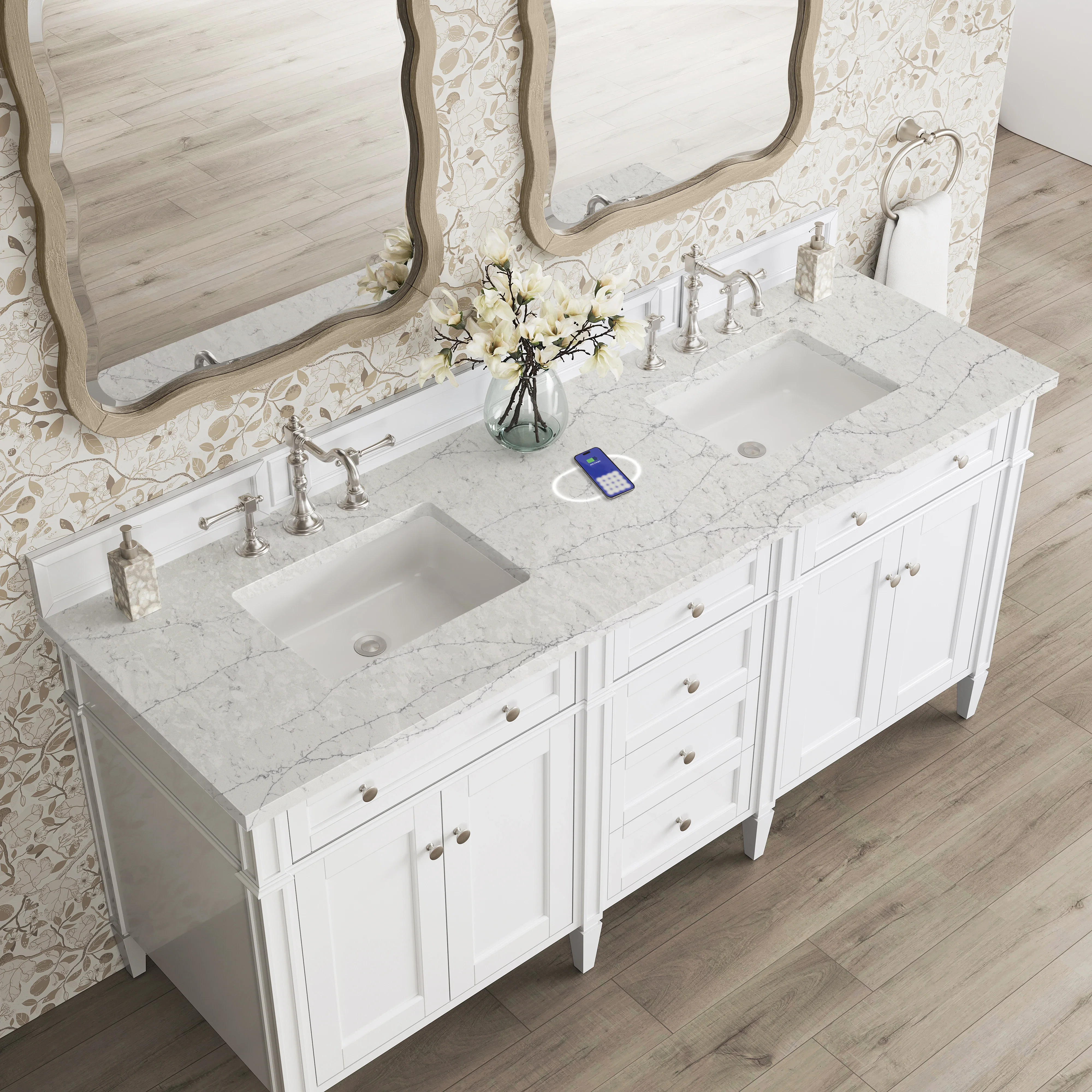 Brittany 72" Double Vanity, Bright White Vanity w/ 3 CM Eternal Jasmine Pearl Silestone Top w/FreePower Wireless Charger