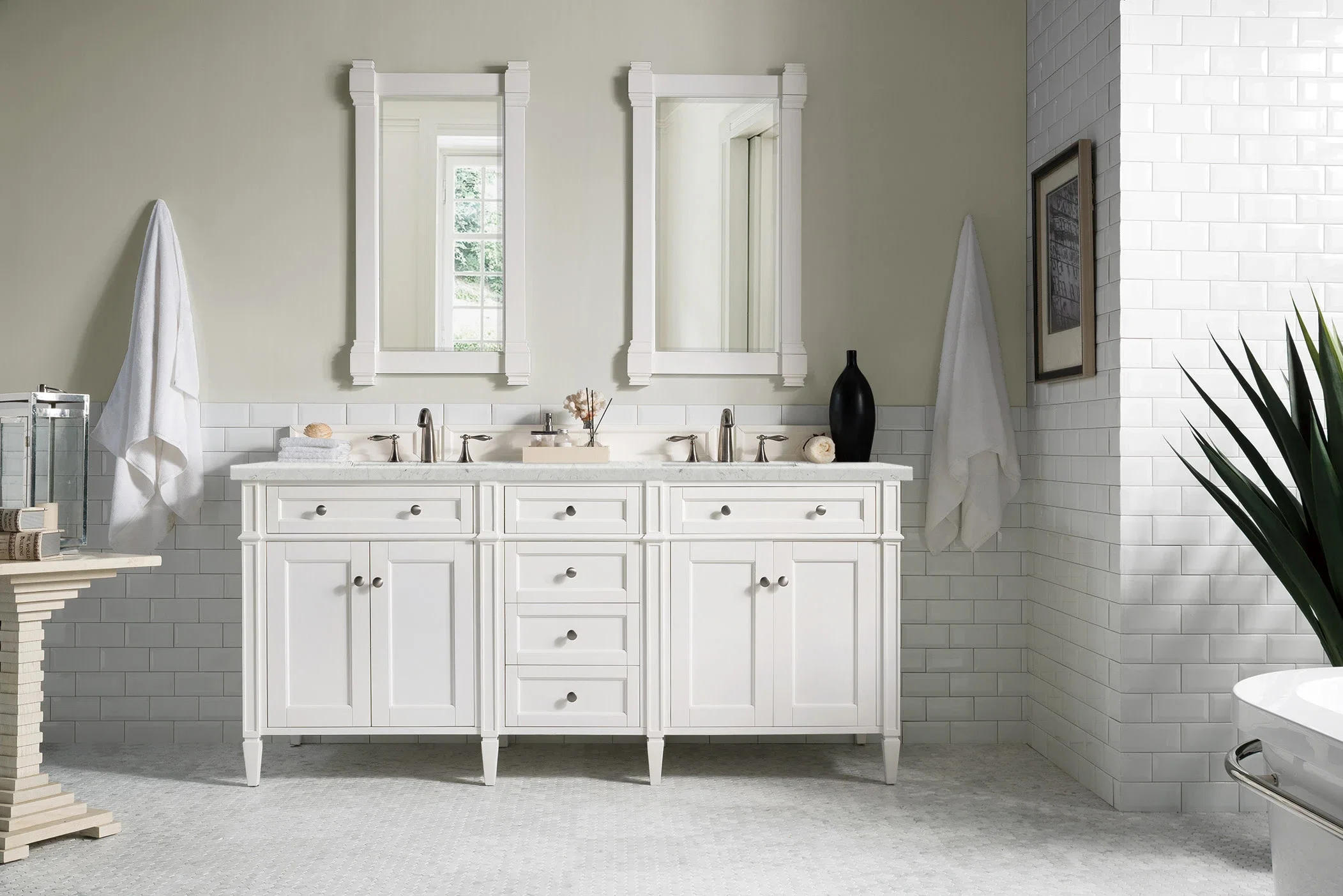Brittany 72" Double Vanity, Bright White Vanity w/ 3 CM Eternal Jasmine Pearl Silestone Top w/FreePower Wireless Charger