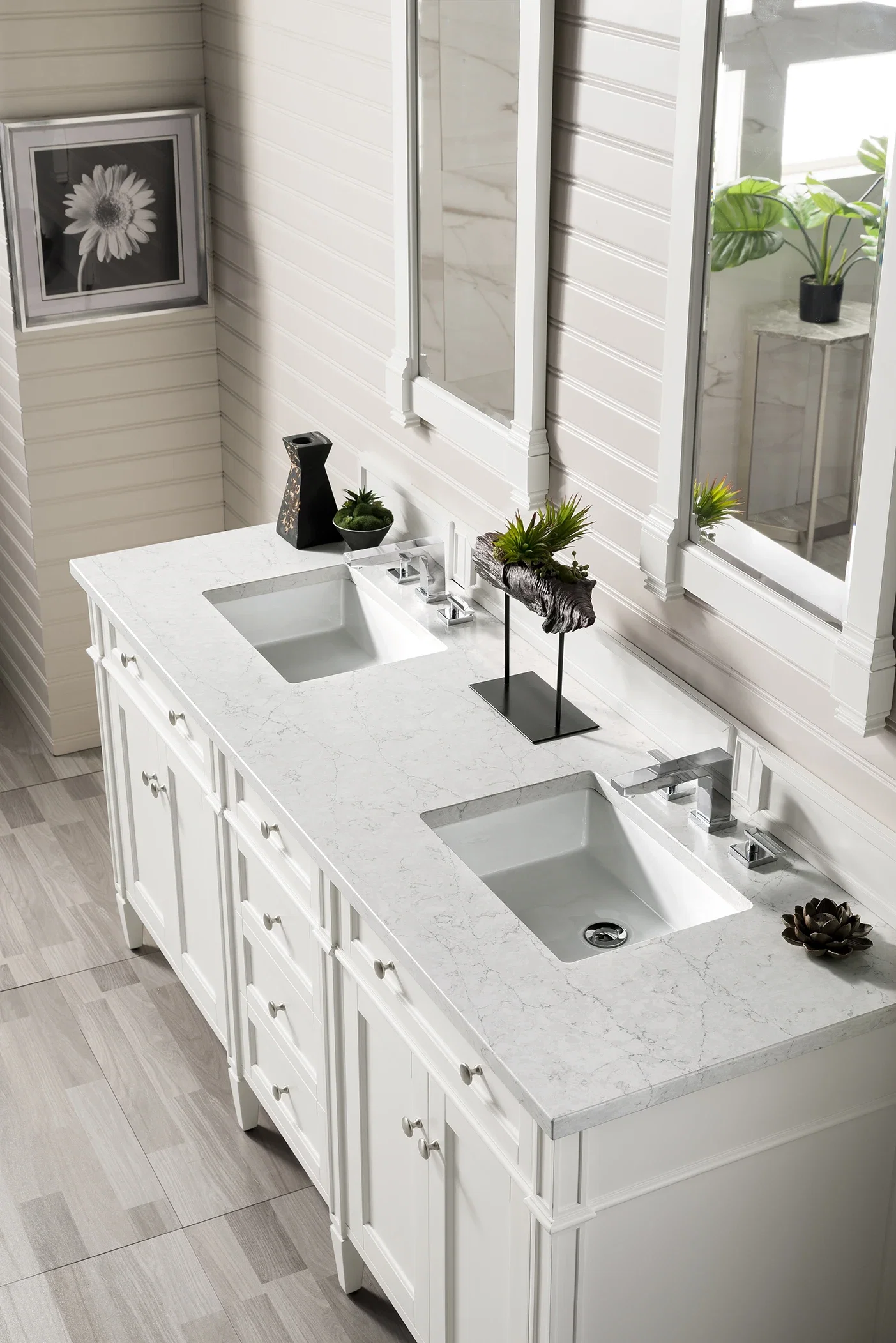 Brittany 72" Double Vanity, Bright White Vanity w/ 3 CM Eternal Jasmine Pearl Silestone Top w/FreePower Wireless Charger