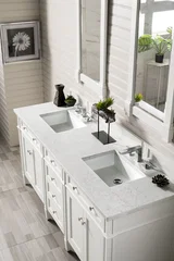 Brittany 72" Double Vanity, Bright White Vanity w/ 3 CM Eternal Jasmine Pearl Silestone Top w/FreePower Wireless Charger