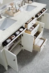 Brittany 72" Double Vanity, Bright White Vanity w/ 3 CM Eternal Jasmine Pearl Silestone Top w/FreePower Wireless Charger